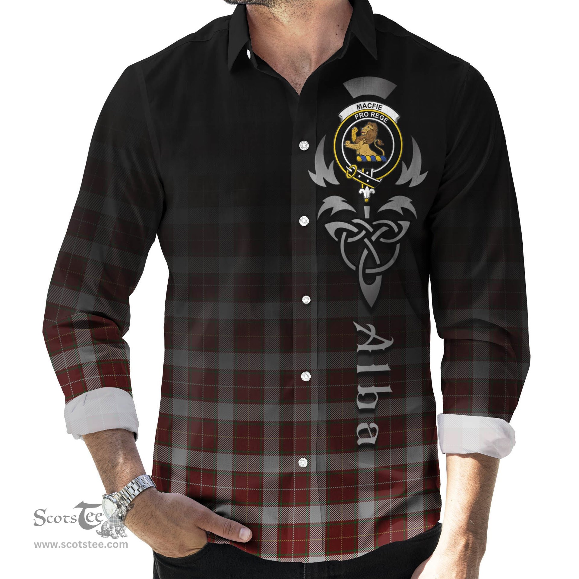 ScotsTee Shop Scottish MacFie Dress Clan Crest Tartan Alba Gu Brath Celtic Inspired Tartan Long Sleeve Shirt
