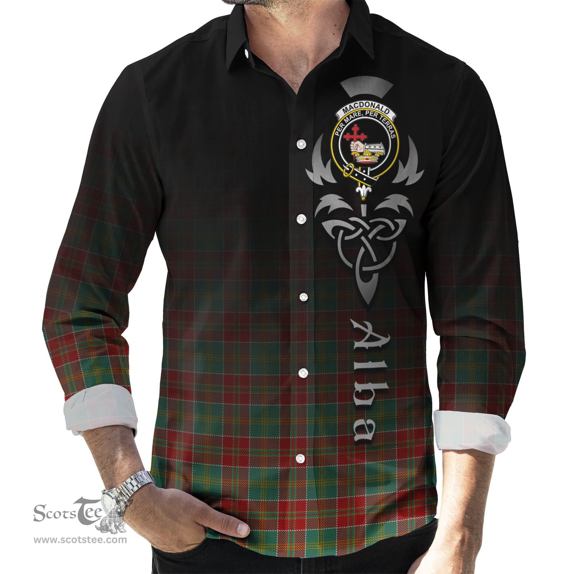 ScotsTee Shop Scottish MacDonald of Kingsburgh Clan Crest Tartan Alba Gu Brath Celtic Inspired Tartan Long Sleeve Shirt