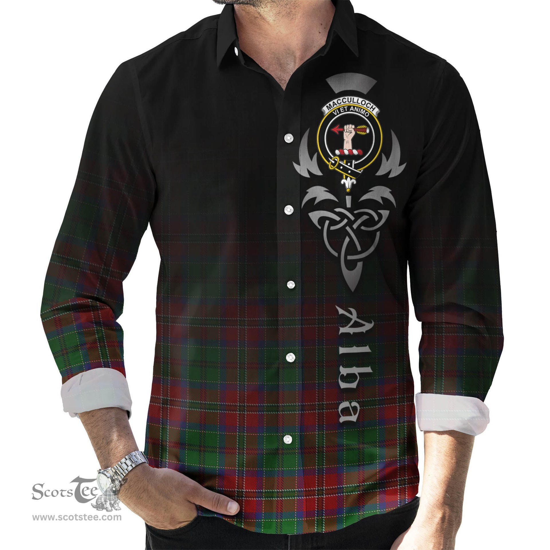 ScotsTee Shop Scottish MacCulloch Clan Crest Tartan Alba Gu Brath Celtic Inspired Tartan Long Sleeve Shirt