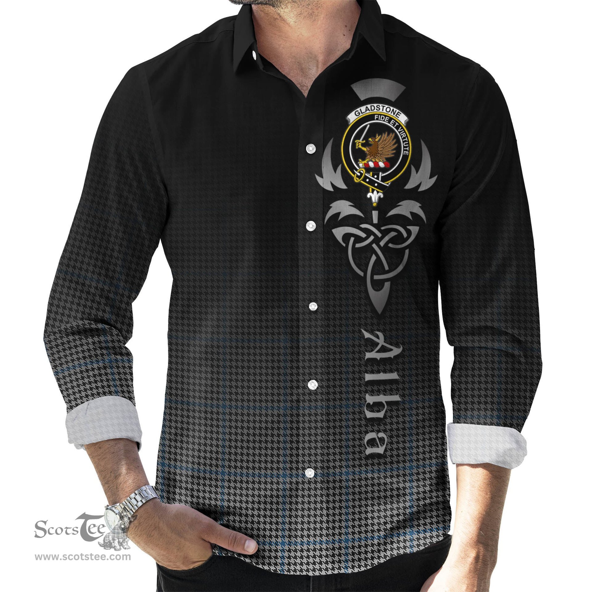 ScotsTee Shop Scottish Gladstone Clan Crest Tartan Alba Gu Brath Celtic Inspired Tartan Long Sleeve Shirt
