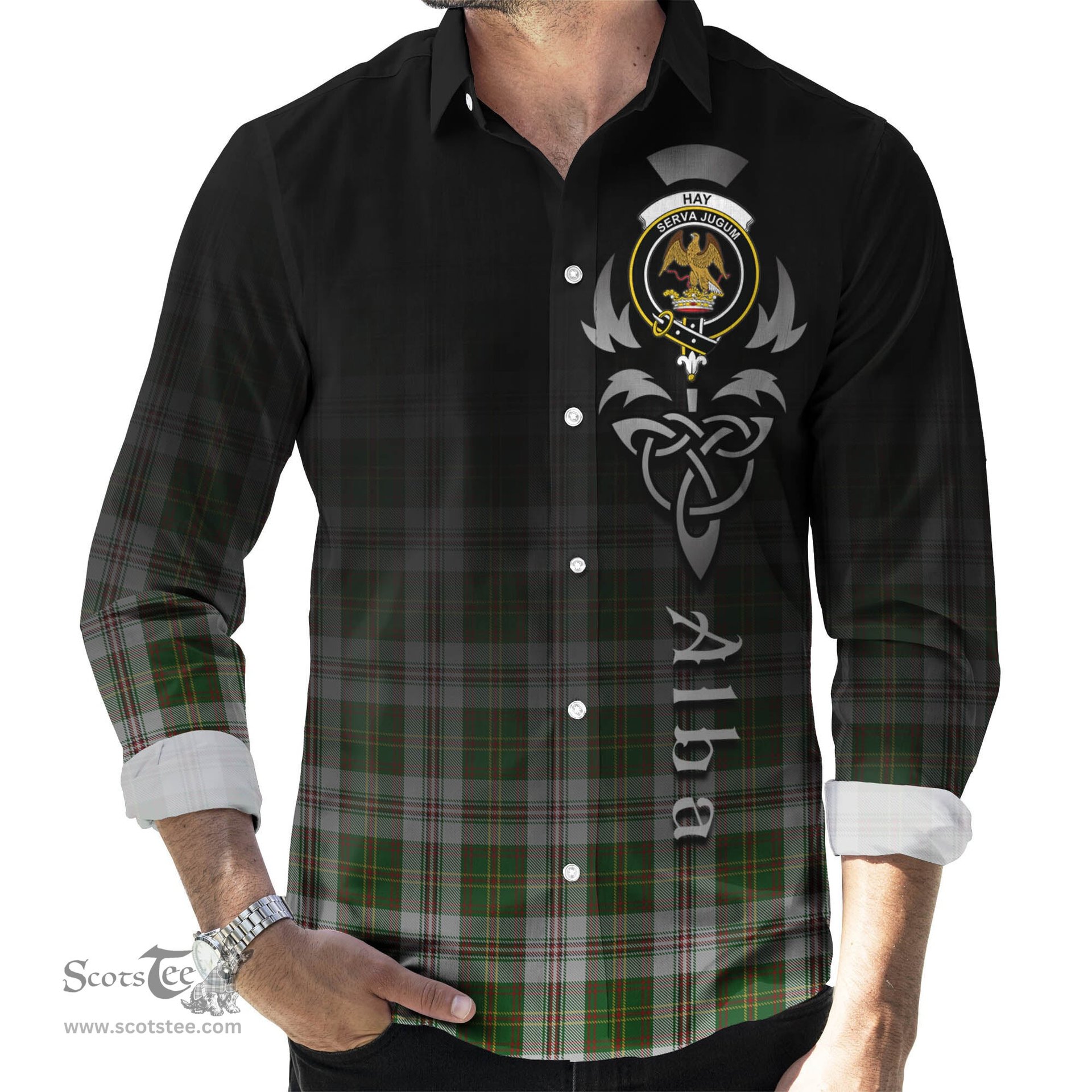 ScotsTee Shop Scottish Hay White Dress Clan Crest Tartan Alba Gu Brath Celtic Inspired Tartan Long Sleeve Shirt