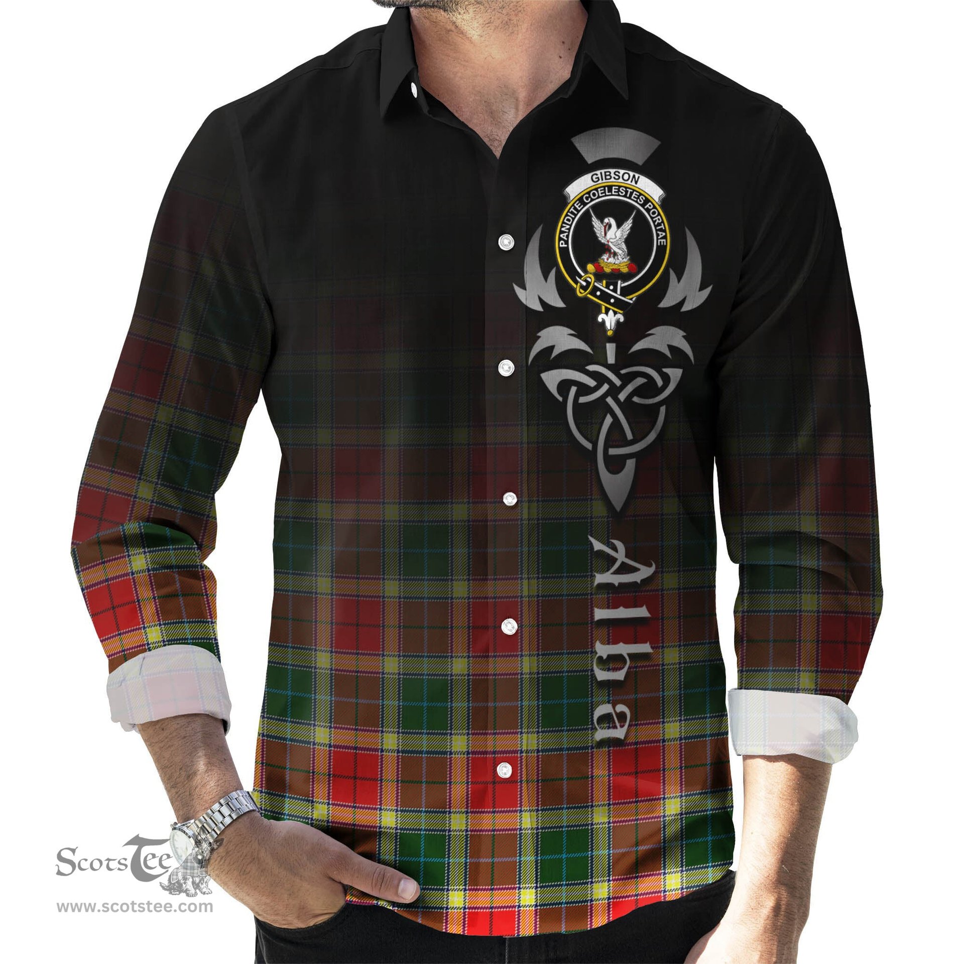 ScotsTee Shop Scottish Gibsone (Gibson-Gibbs) Clan Crest Tartan Alba Gu Brath Celtic Inspired Tartan Long Sleeve Shirt