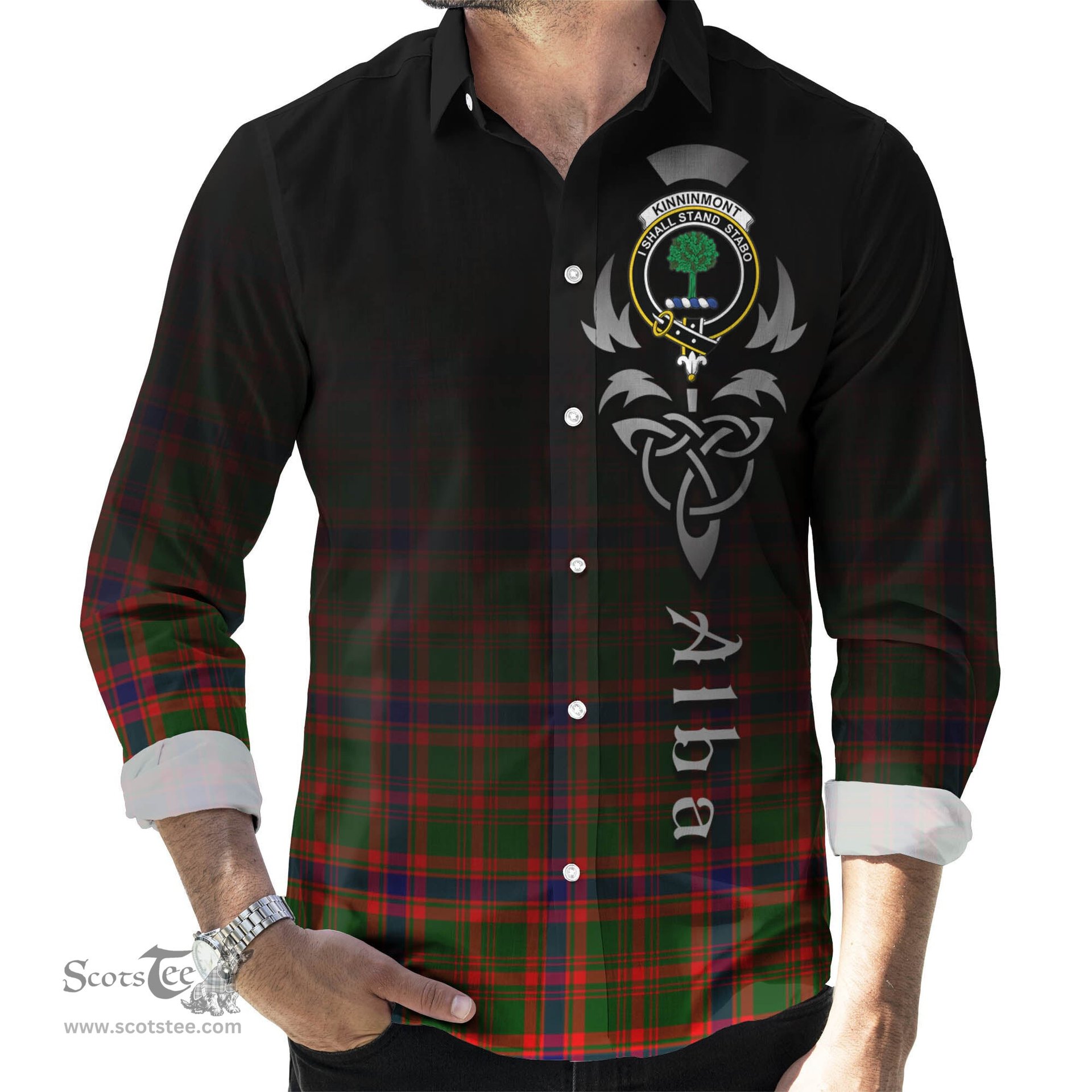 ScotsTee Shop Scottish Kinninmont Clan Crest Tartan Alba Gu Brath Celtic Inspired Tartan Long Sleeve Shirt
