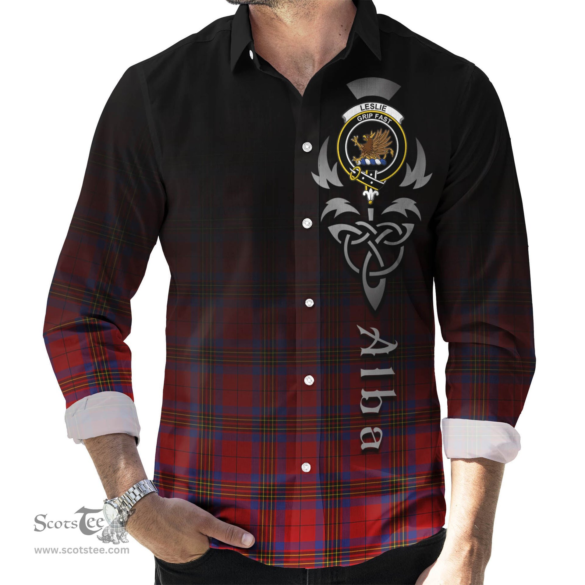 ScotsTee Shop Scottish Leslie Modern Clan Crest Tartan Alba Gu Brath Celtic Inspired Tartan Long Sleeve Shirt