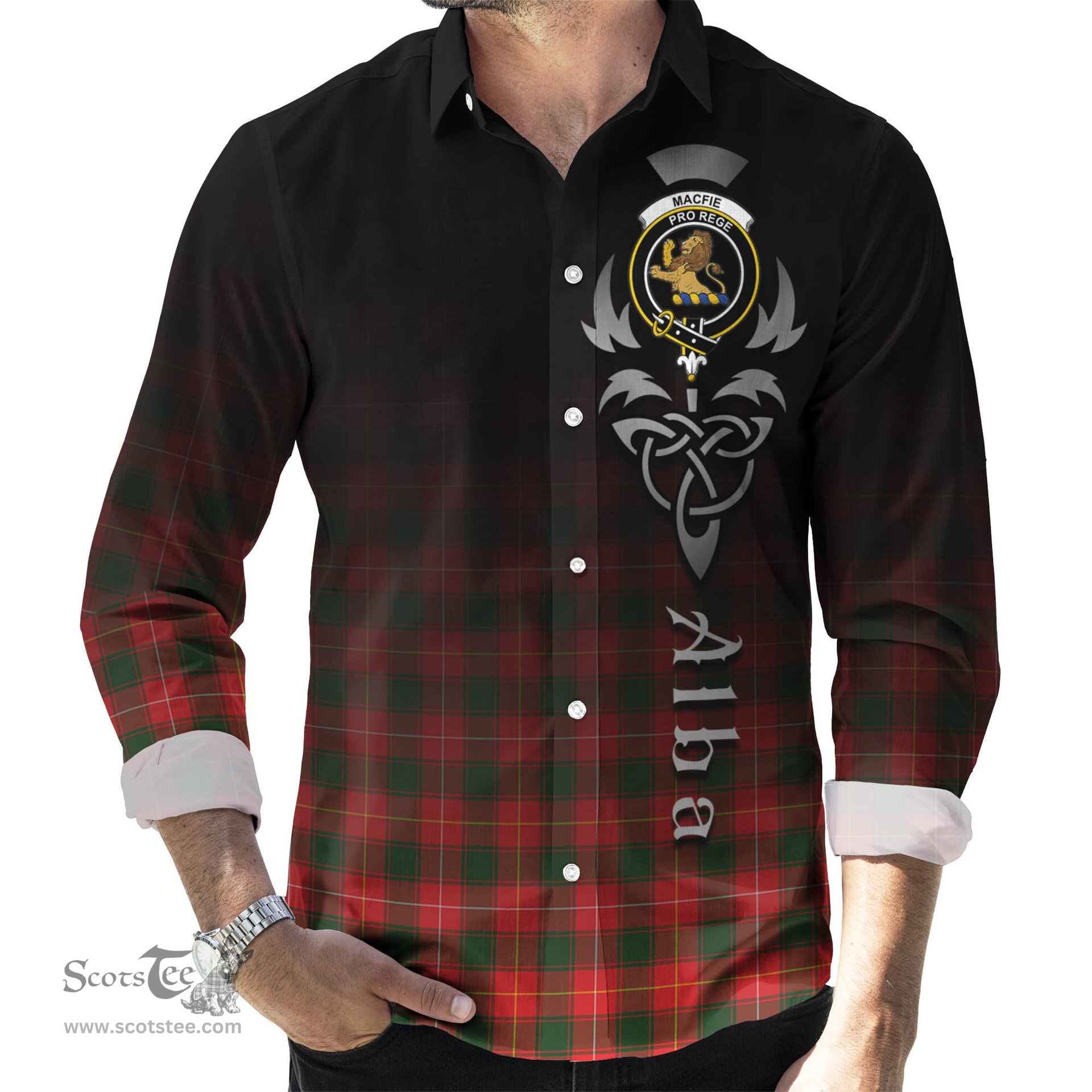 ScotsTee Shop Scottish MacFie Modern Clan Crest Tartan Alba Gu Brath Celtic Inspired Tartan Long Sleeve Shirt