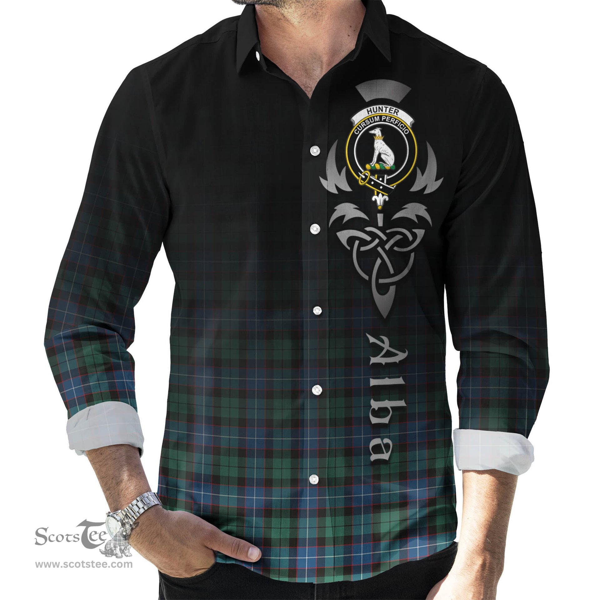 ScotsTee Shop Scottish Hunter Ancient Clan Crest Tartan Alba Gu Brath Celtic Inspired Tartan Long Sleeve Shirt