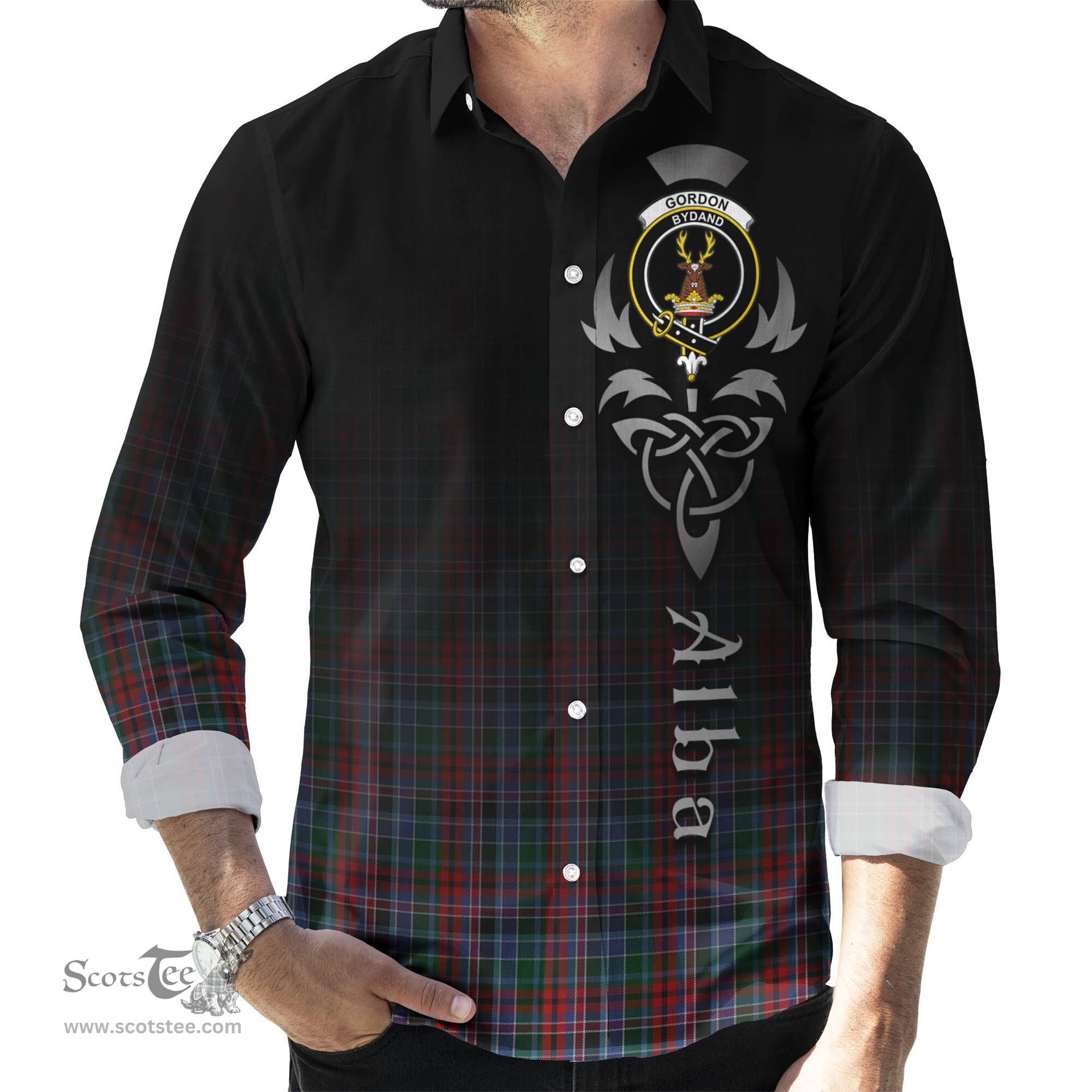 ScotsTee Shop Scottish Gordon Red Clan Crest Tartan Alba Gu Brath Celtic Inspired Tartan Long Sleeve Shirt
