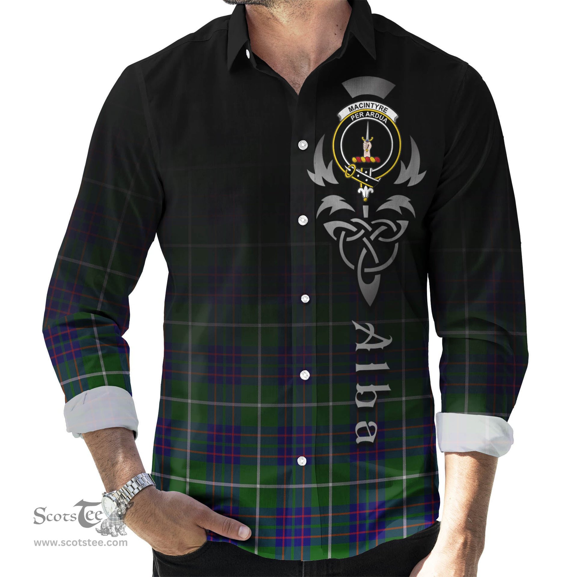 ScotsTee Shop Scottish MacIntyre Hunting Modern Clan Crest Tartan Alba Gu Brath Celtic Inspired Tartan Long Sleeve Shirt