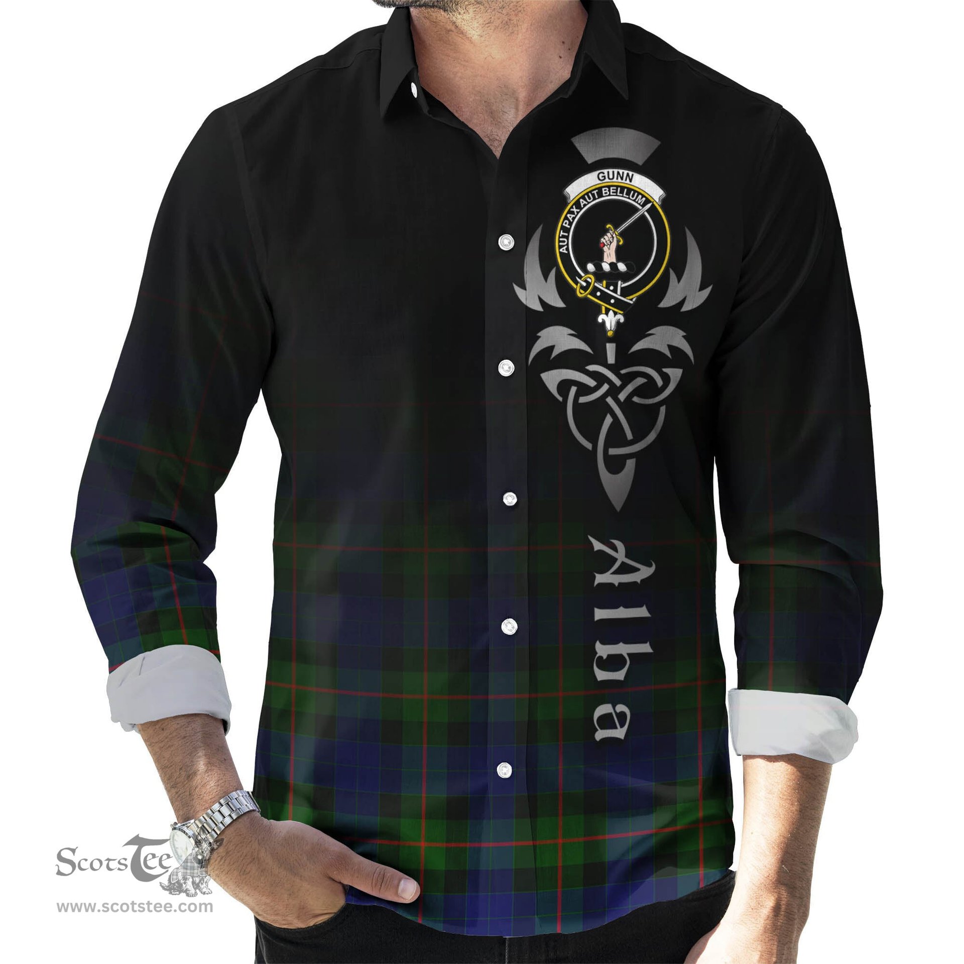 ScotsTee Shop Scottish Gunn Modern Clan Crest Tartan Alba Gu Brath Celtic Inspired Tartan Long Sleeve Shirt