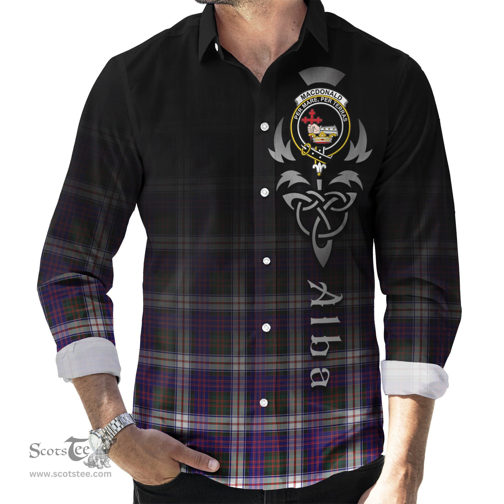ScotsTee Shop Scottish MacDonald Dress Modern Clan Crest Tartan Alba Gu Brath Celtic Inspired Tartan Long Sleeve Shirt