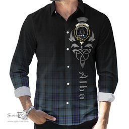ScotsTee Shop Scottish Hannay Blue Clan Crest Tartan Alba Gu Brath Celtic Inspired Tartan Long Sleeve Shirt
