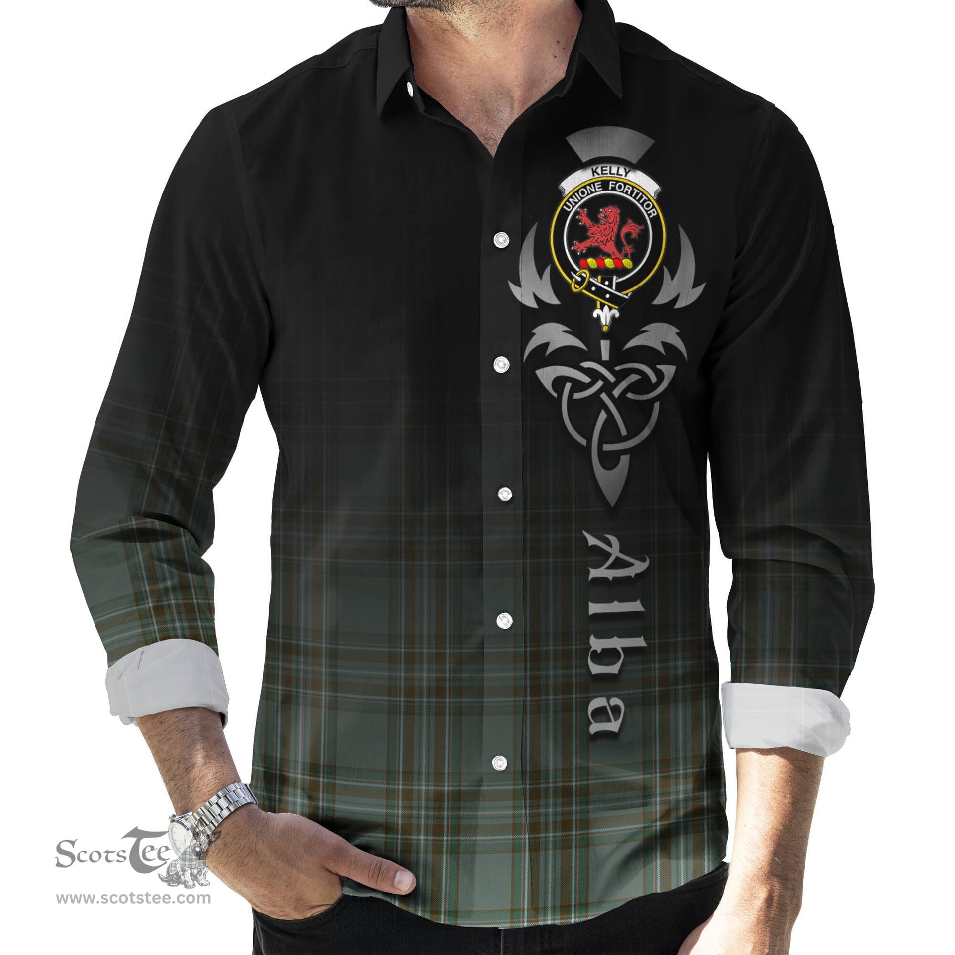 ScotsTee Shop Scottish Kelly Dress Clan Crest Tartan Alba Gu Brath Celtic Inspired Tartan Long Sleeve Shirt