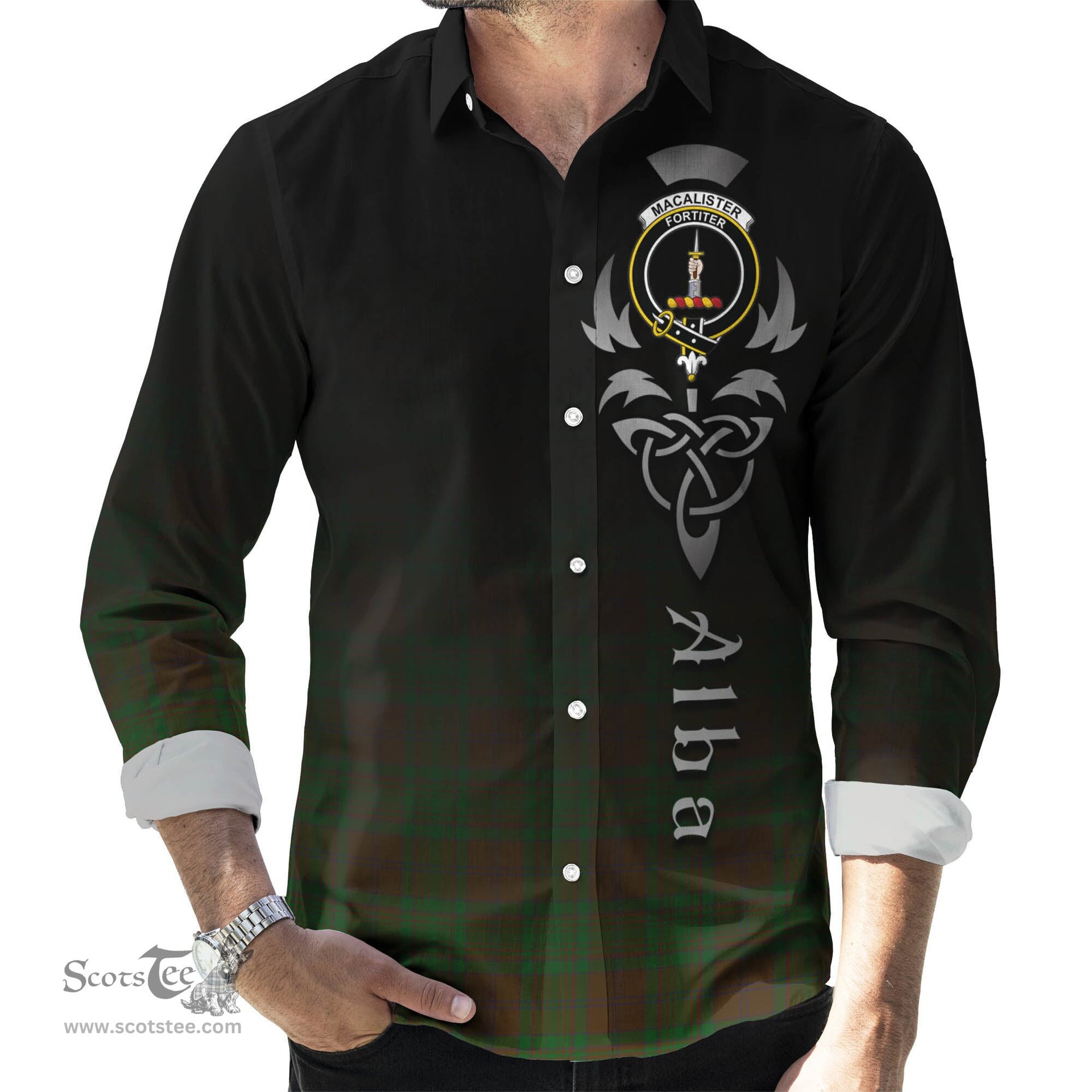 ScotsTee Shop Scottish MacAlister of Glenbarr Hunting Clan Crest Tartan Alba Gu Brath Celtic Inspired Tartan Long Sleeve Shirt