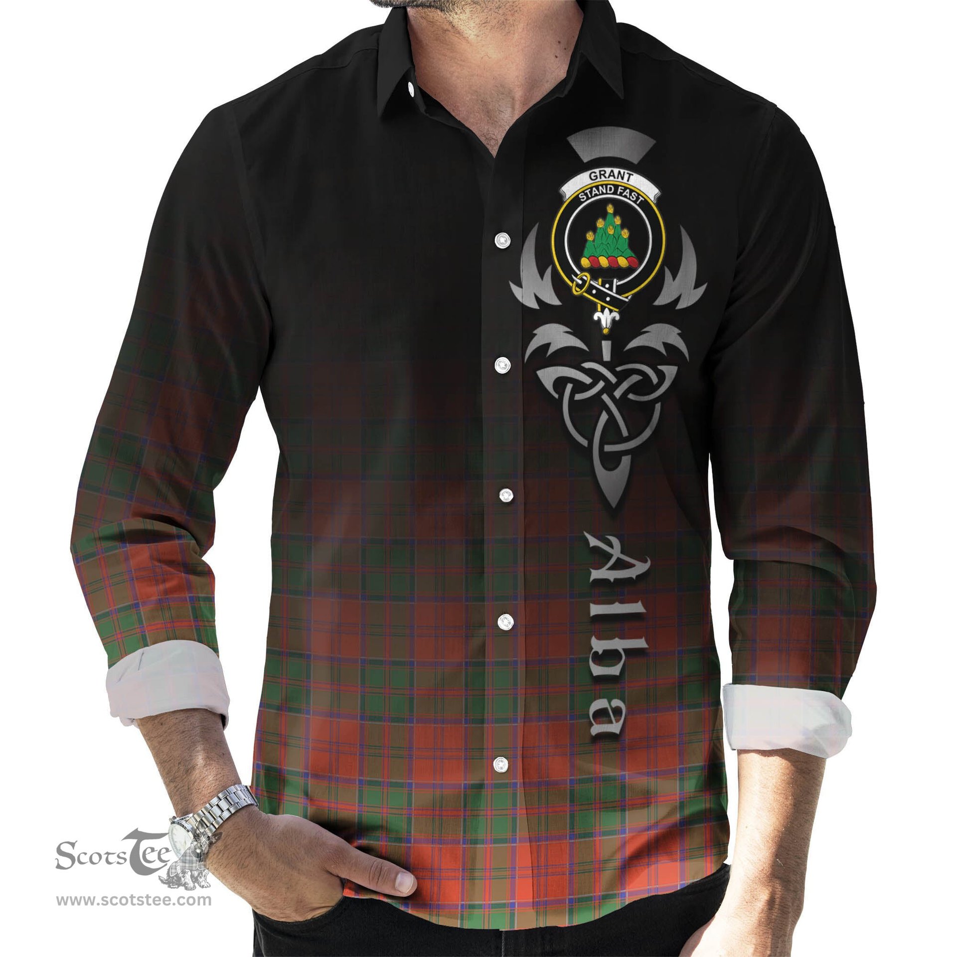 ScotsTee Shop Scottish Grant Ancient Clan Crest Tartan Alba Gu Brath Celtic Inspired Tartan Long Sleeve Shirt