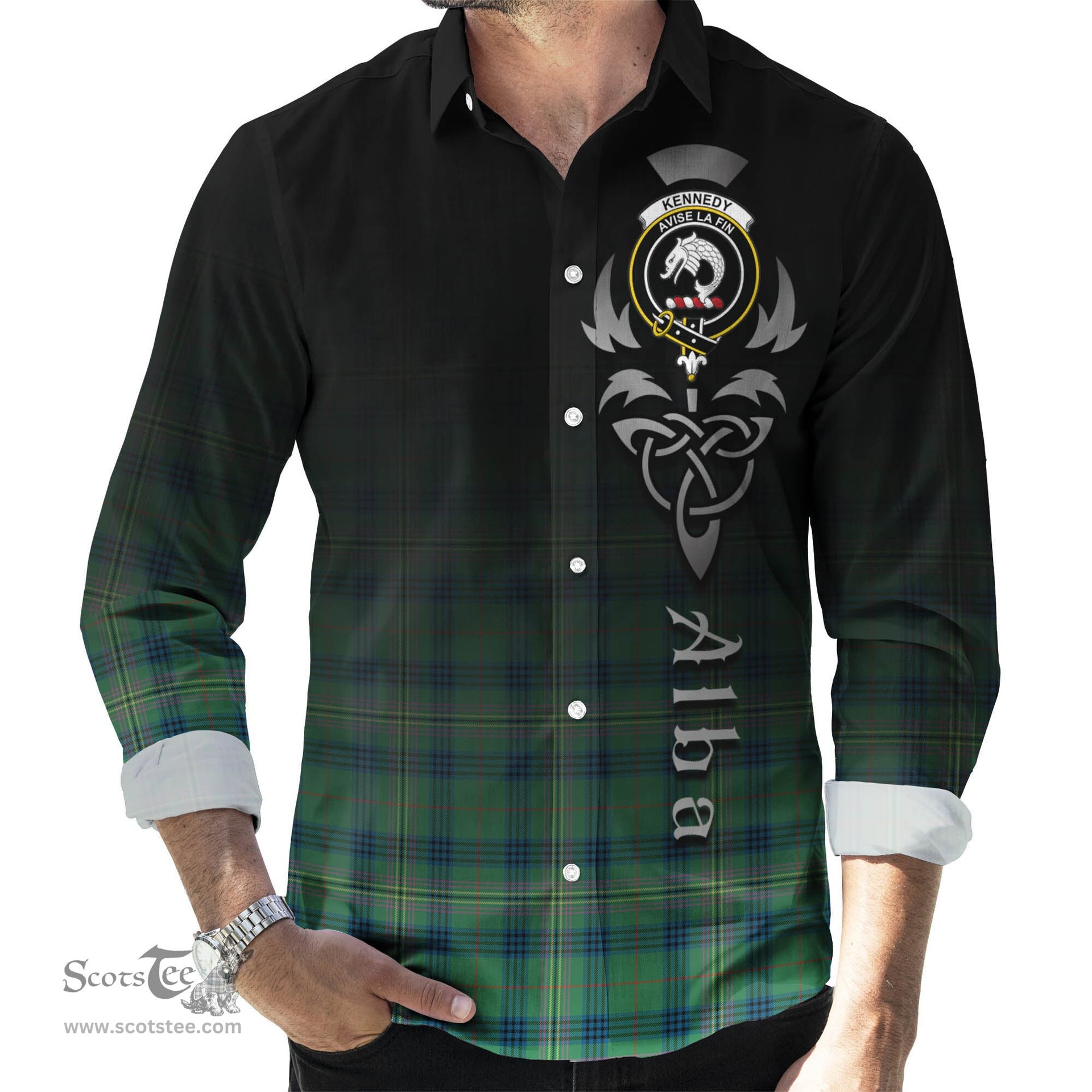 ScotsTee Shop Scottish Kennedy Ancient Clan Crest Tartan Alba Gu Brath Celtic Inspired Tartan Long Sleeve Shirt