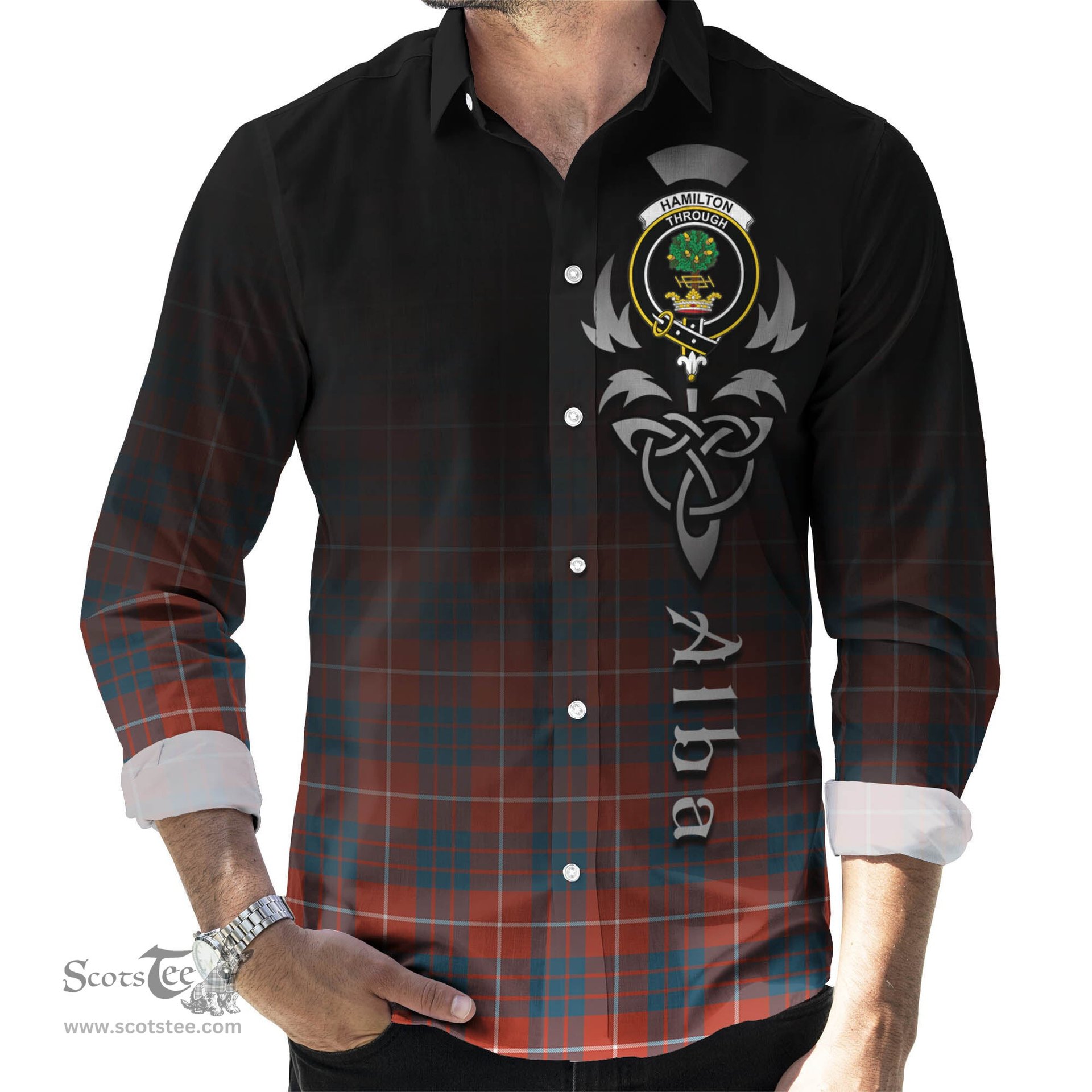 ScotsTee Shop Scottish Hamilton Ancient Clan Crest Tartan Alba Gu Brath Celtic Inspired Tartan Long Sleeve Shirt