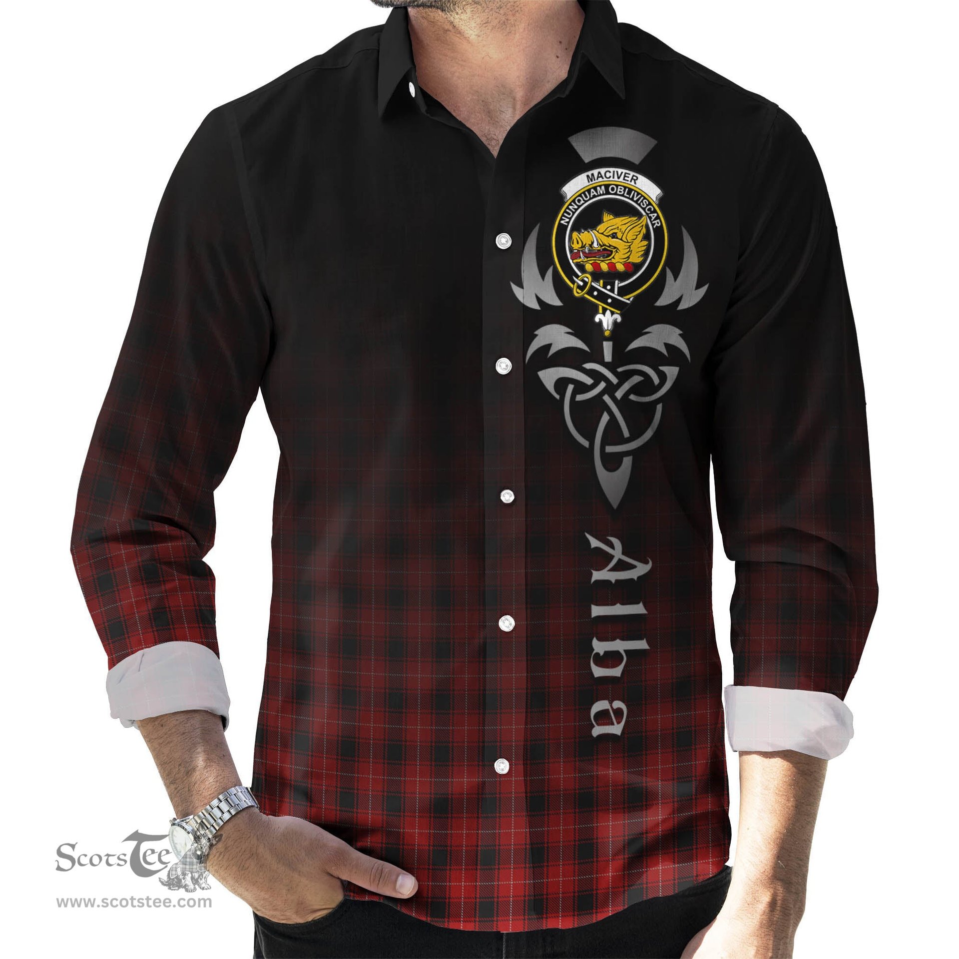 ScotsTee Shop Scottish MacIver Clan Crest Tartan Alba Gu Brath Celtic Inspired Tartan Long Sleeve Shirt