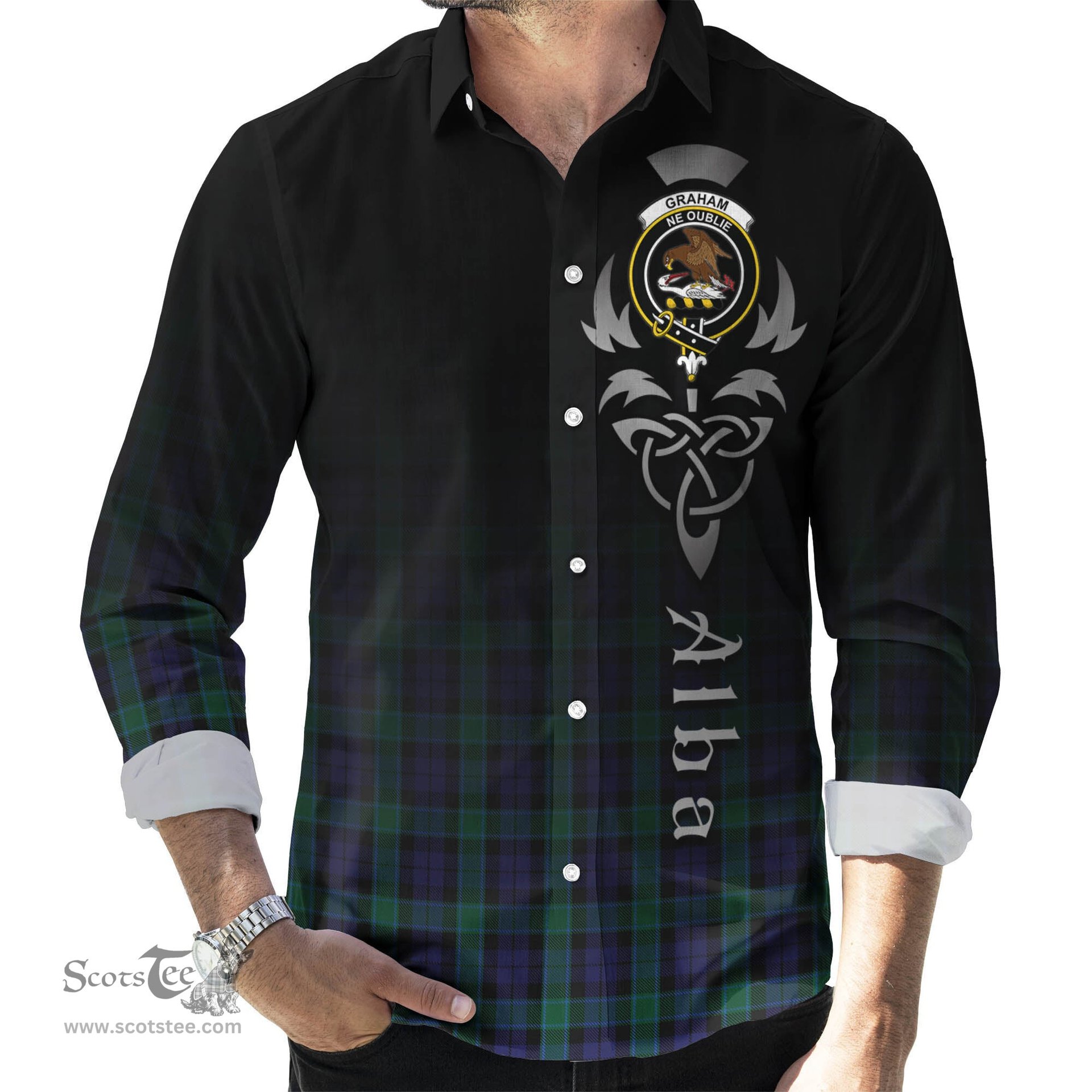 ScotsTee Shop Scottish Graham of Menteith Clan Crest Tartan Alba Gu Brath Celtic Inspired Tartan Long Sleeve Shirt