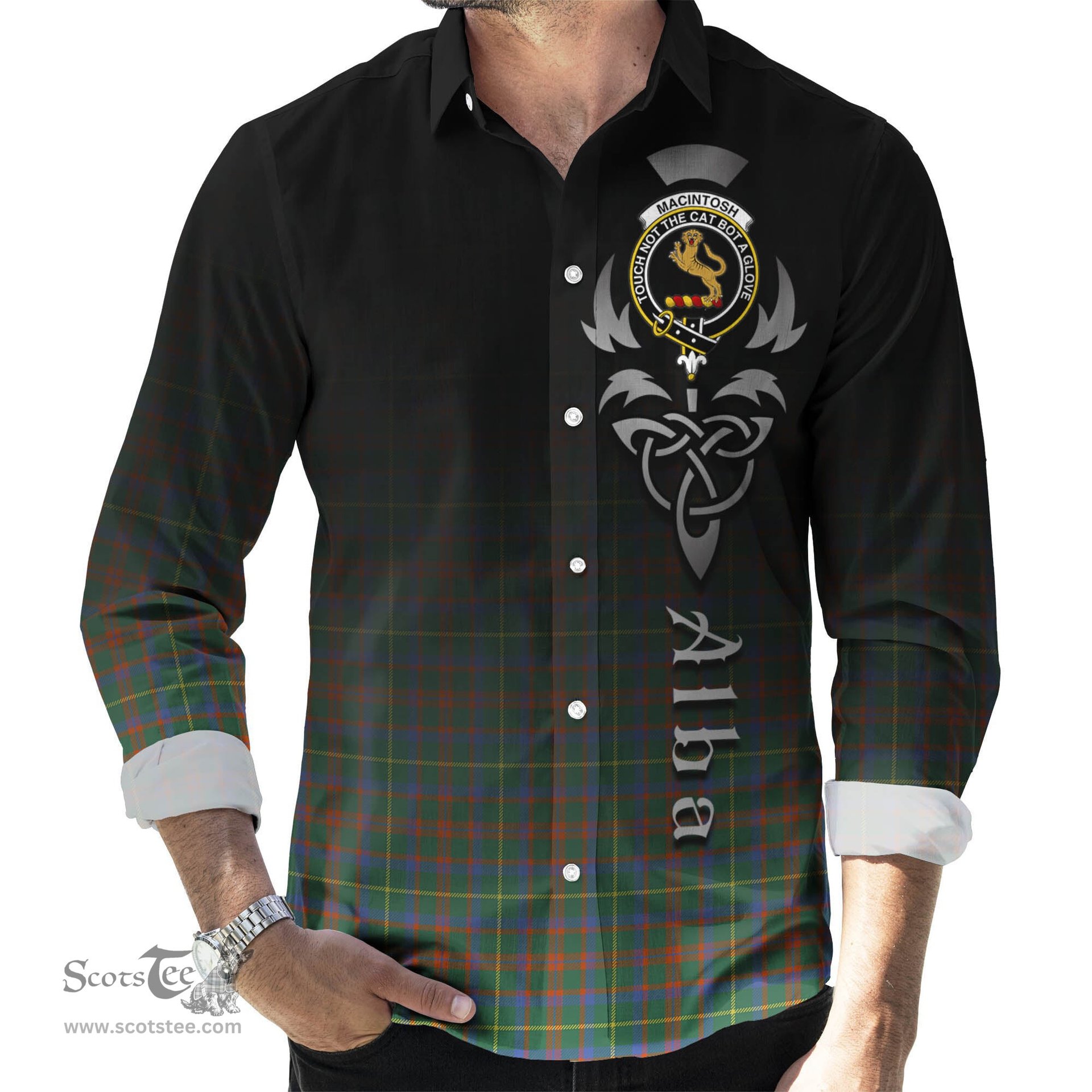 ScotsTee Shop Scottish MacIntosh Hunting Ancient Clan Crest Tartan Alba Gu Brath Celtic Inspired Tartan Long Sleeve Shirt