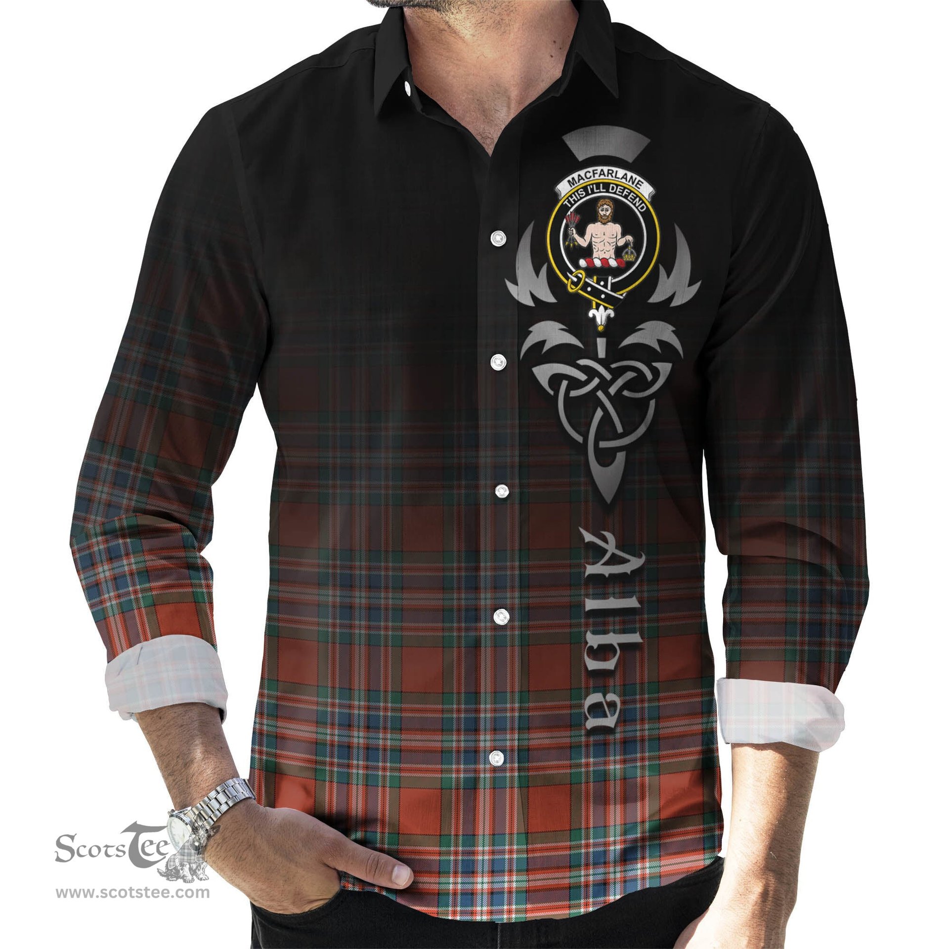 ScotsTee Shop Scottish MacFarlane Ancient Clan Crest Tartan Alba Gu Brath Celtic Inspired Tartan Long Sleeve Shirt