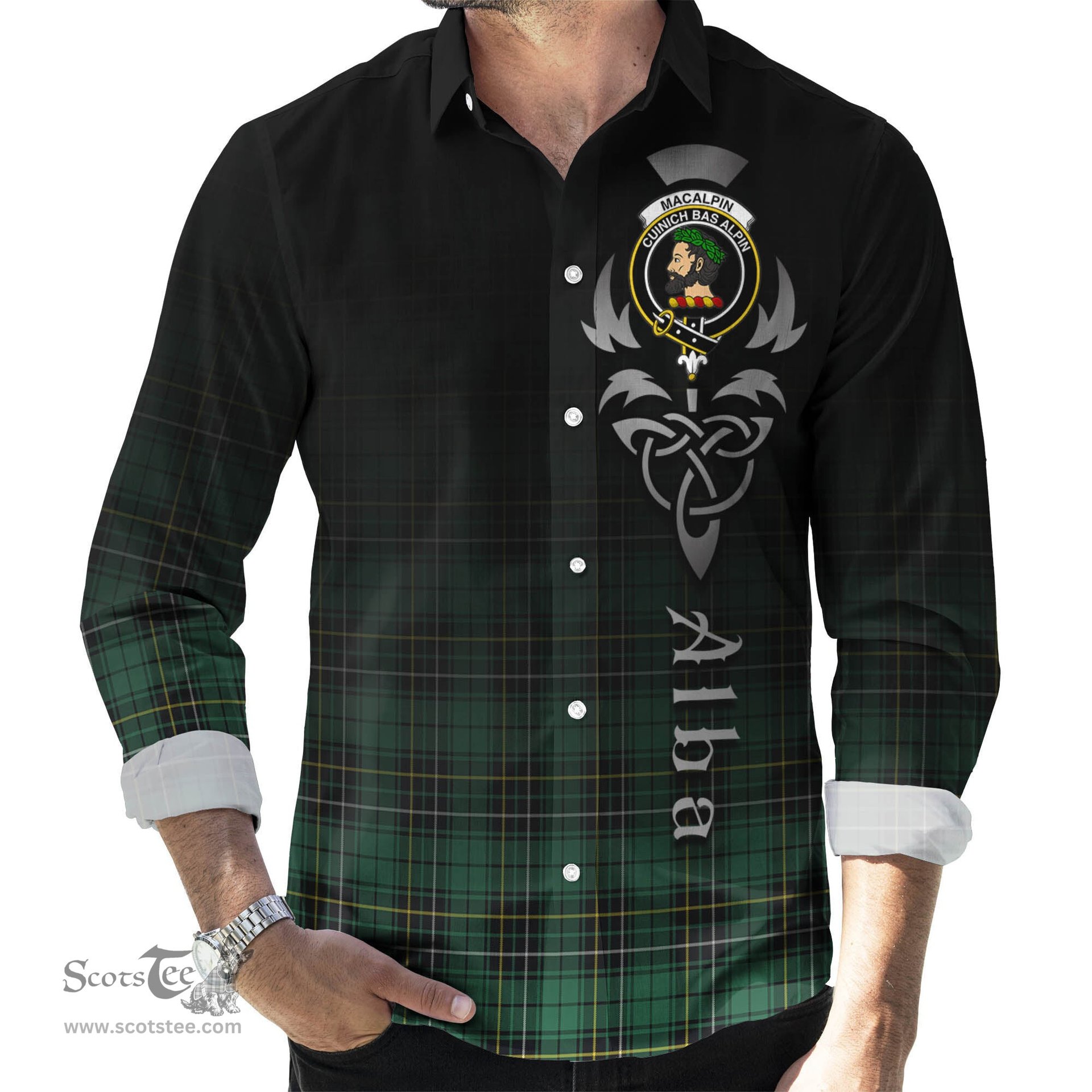 ScotsTee Shop Scottish MacAlpin Ancient Clan Crest Tartan Alba Gu Brath Celtic Inspired Tartan Long Sleeve Shirt