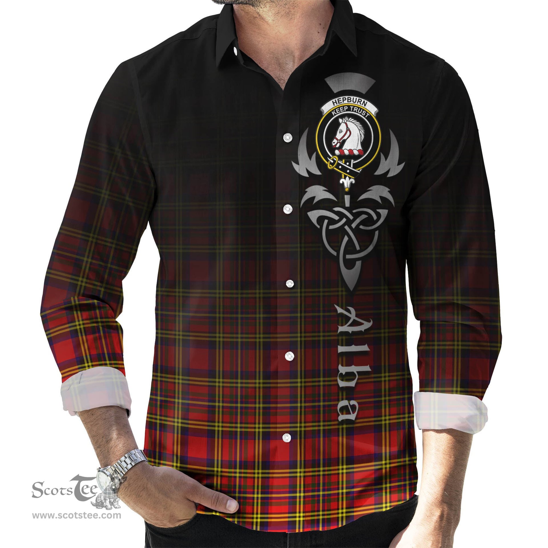 ScotsTee Shop Scottish Hepburn Modern Clan Crest Tartan Alba Gu Brath Celtic Inspired Tartan Long Sleeve Shirt