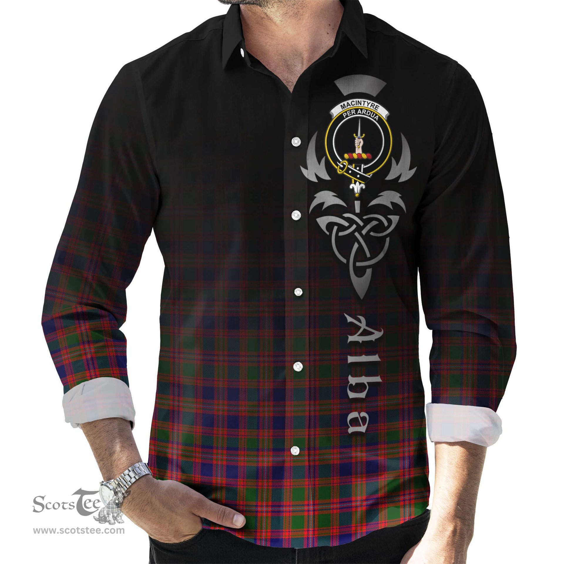 ScotsTee Shop Scottish MacIntyre Modern Clan Crest Tartan Alba Gu Brath Celtic Inspired Tartan Long Sleeve Shirt