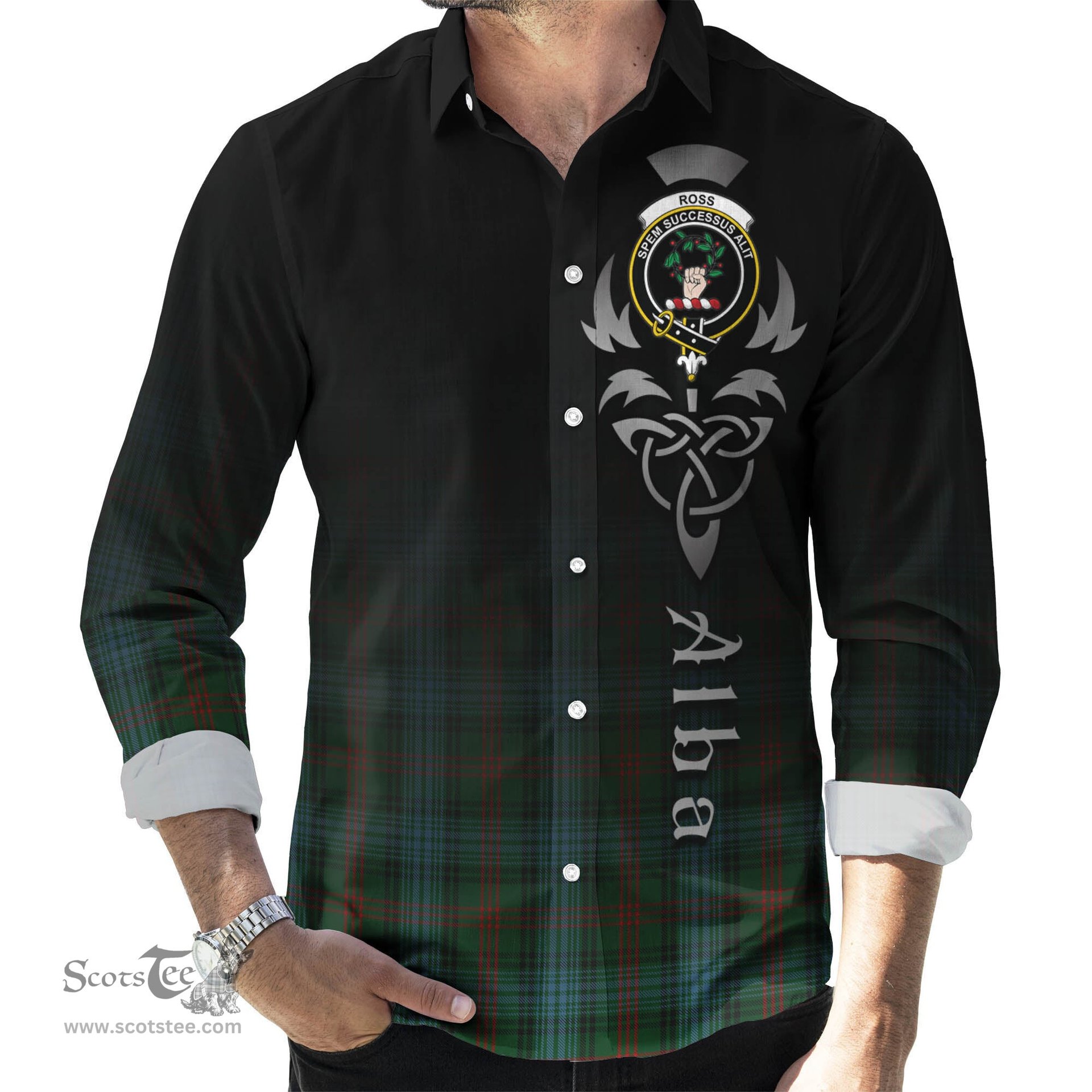 ScotsTee Shop Scottish Ross Hunting Clan Crest Tartan Alba Gu Brath Celtic Inspired Tartan Long Sleeve Shirt