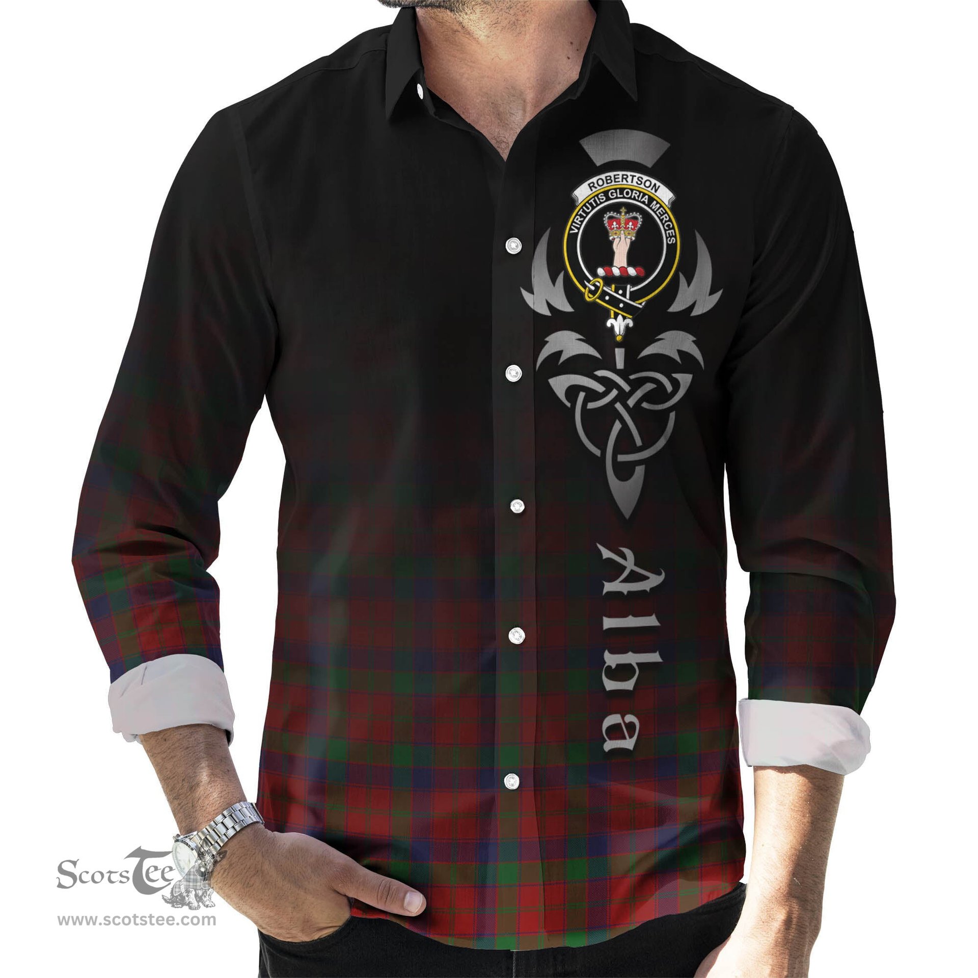 ScotsTee Shop Scottish Robertson Clan Crest Tartan Alba Gu Brath Celtic Inspired Tartan Long Sleeve Shirt