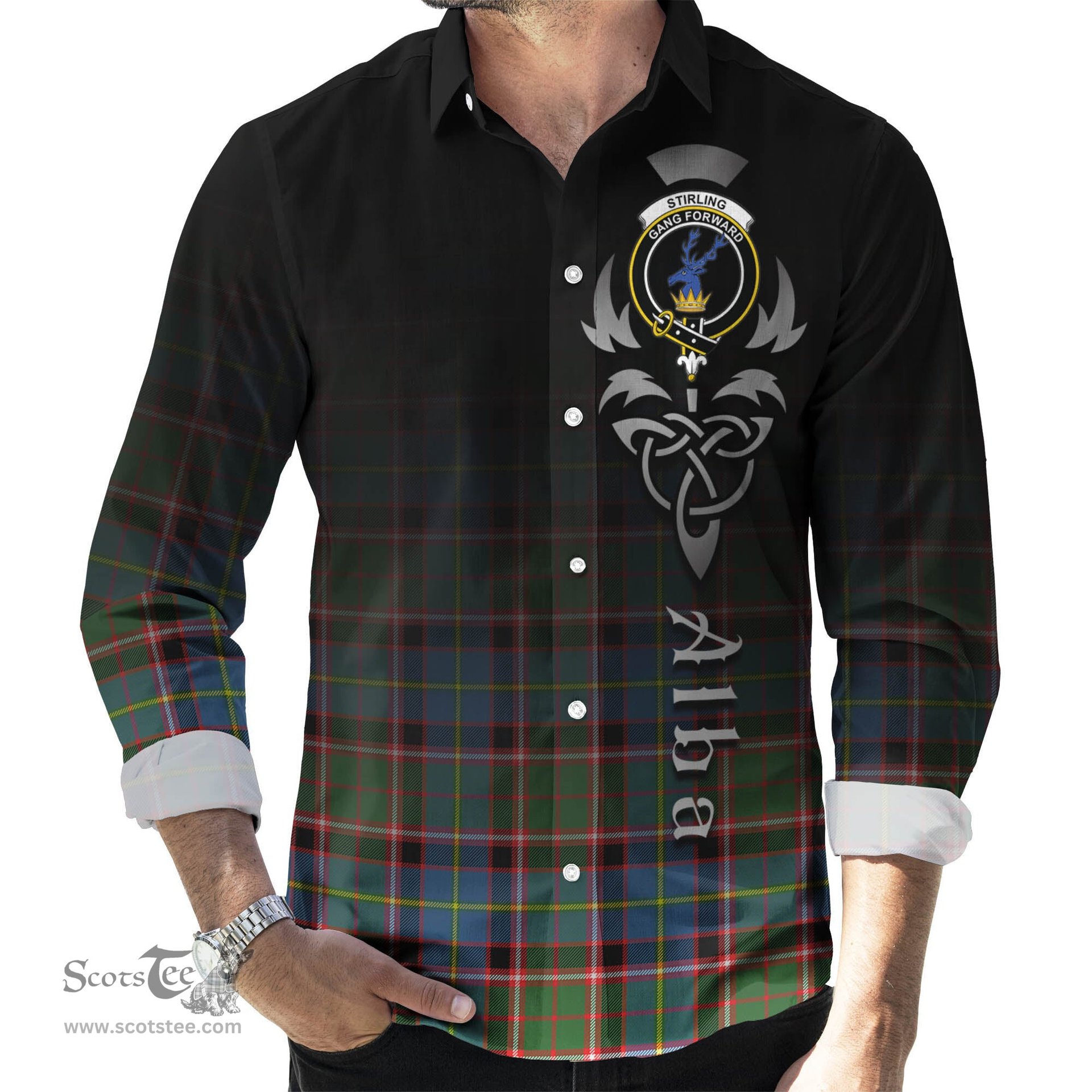 ScotsTee Shop Scottish Stirling Bannockburn Clan Crest Tartan Alba Gu Brath Celtic Inspired Tartan Long Sleeve Shirt
