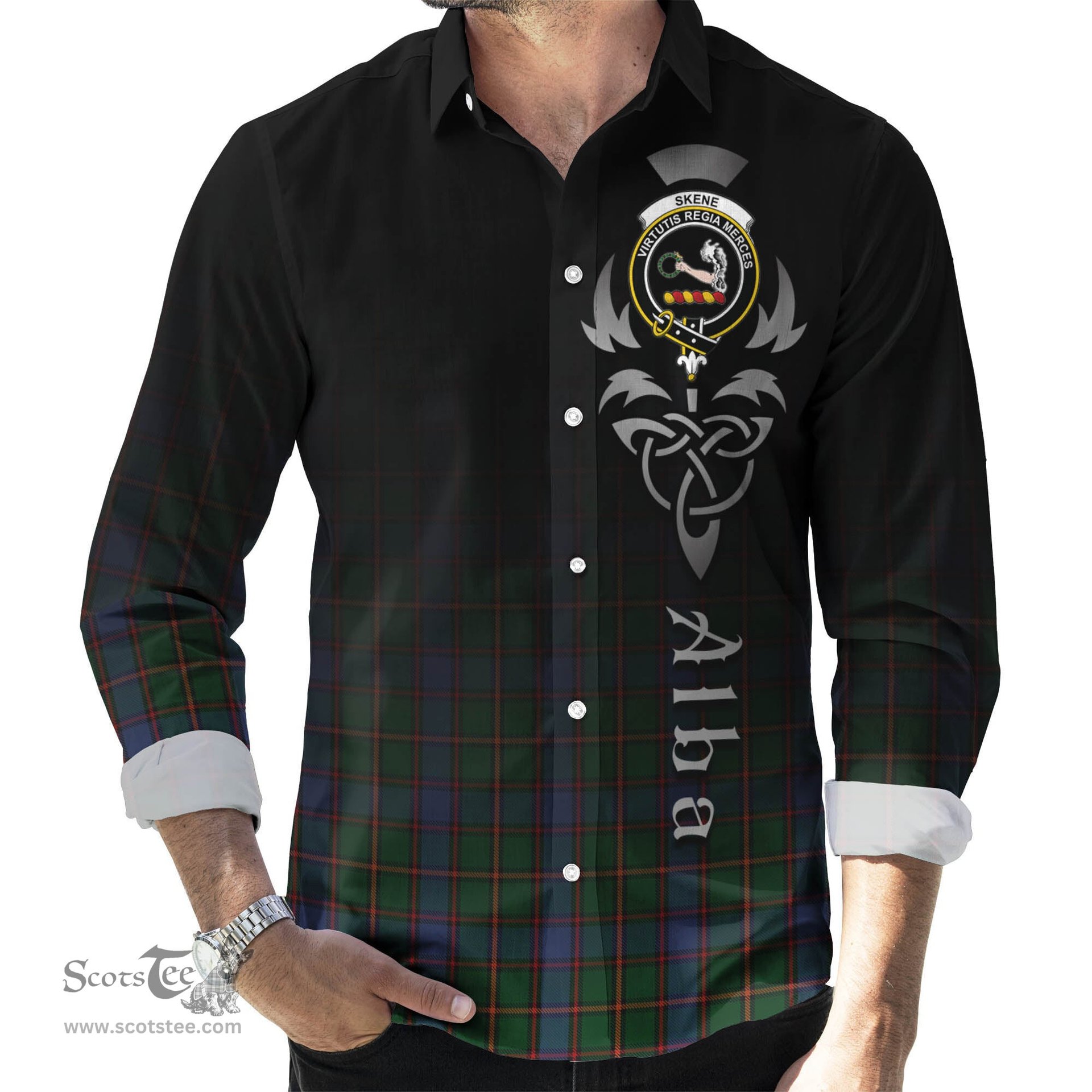ScotsTee Shop Scottish Skene Clan Crest Tartan Alba Gu Brath Celtic Inspired Tartan Long Sleeve Shirt