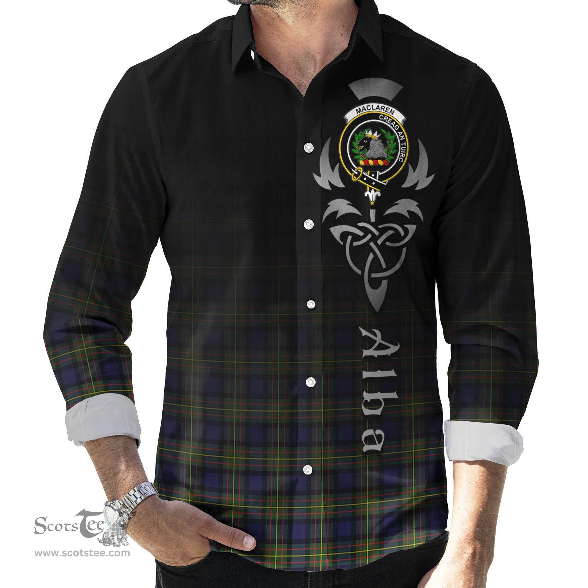 ScotsTee Shop Scottish MacLaren Modern Clan Crest Tartan Alba Gu Brath Celtic Inspired Tartan Long Sleeve Shirt