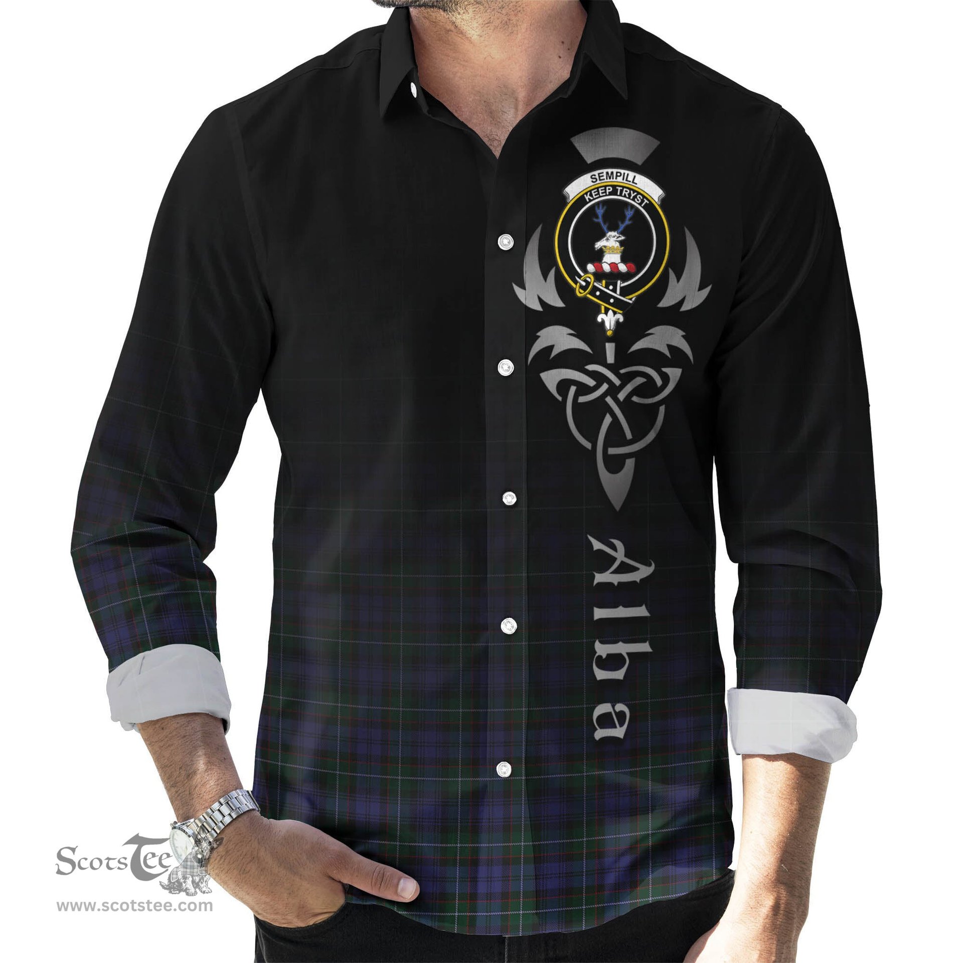 ScotsTee Shop Scottish Sempill Clan Crest Tartan Alba Gu Brath Celtic Inspired Tartan Long Sleeve Shirt
