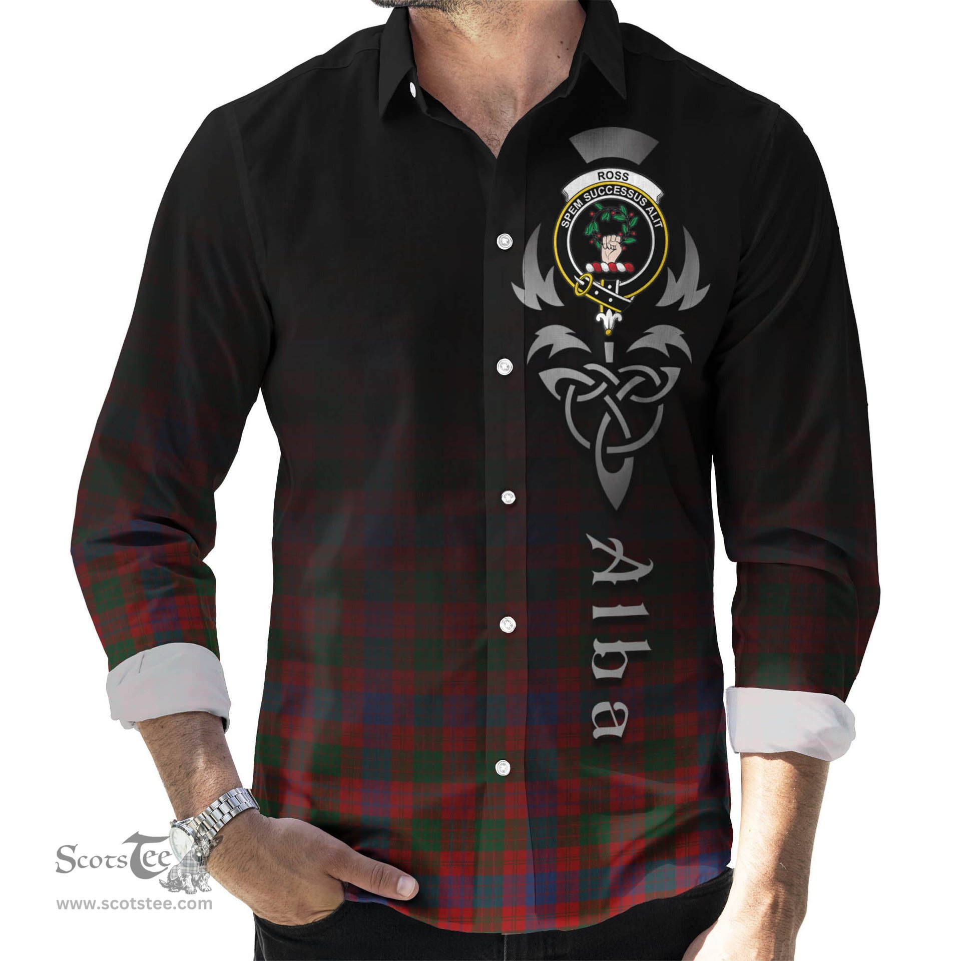 ScotsTee Shop Scottish Ross Clan Crest Tartan Alba Gu Brath Celtic Inspired Tartan Long Sleeve Shirt