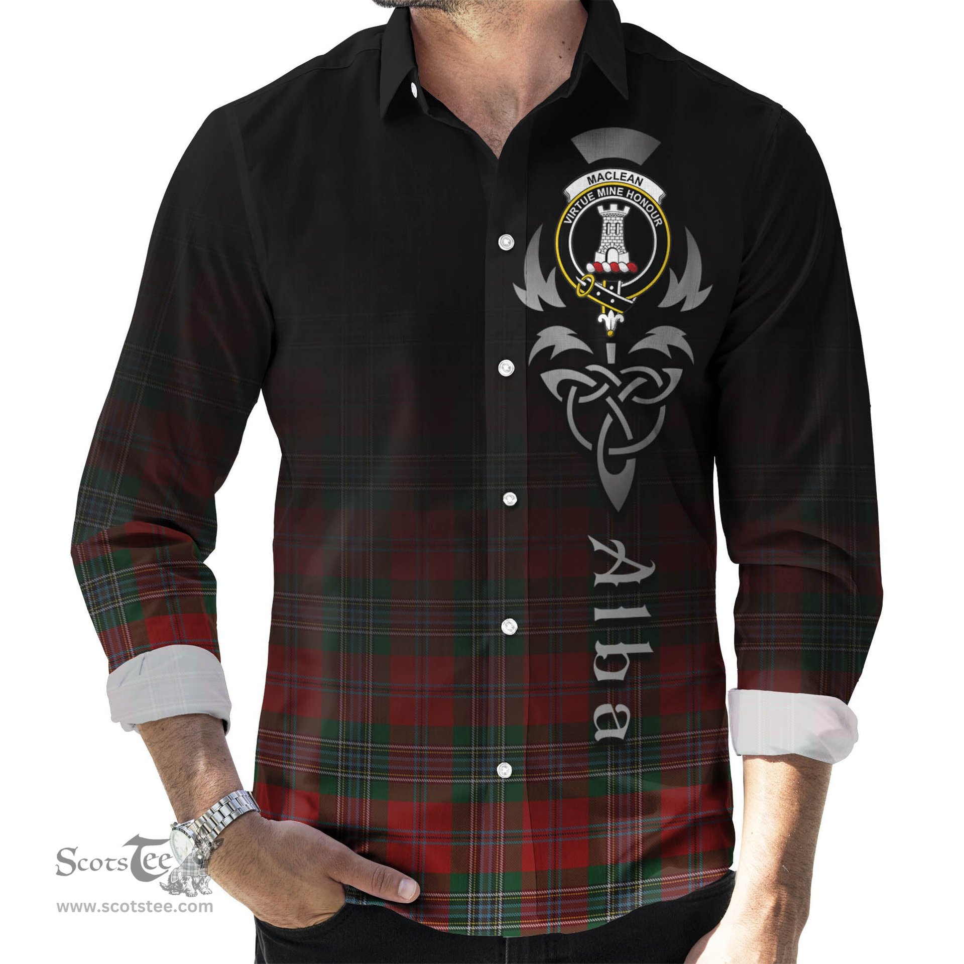 ScotsTee Shop Scottish MacLean Clan Crest Tartan Alba Gu Brath Celtic Inspired Tartan Long Sleeve Shirt