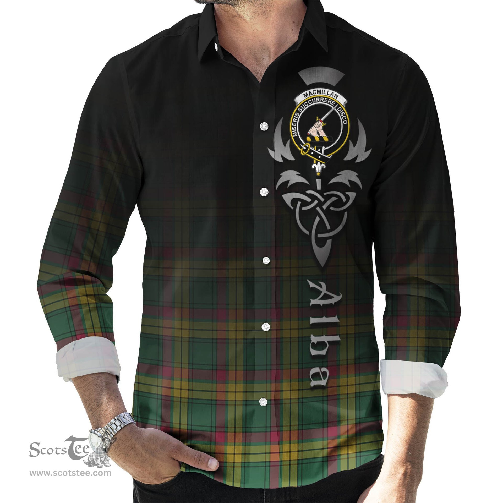 ScotsTee Shop Scottish MacMillan Old Ancient Clan Crest Tartan Alba Gu Brath Celtic Inspired Tartan Long Sleeve Shirt