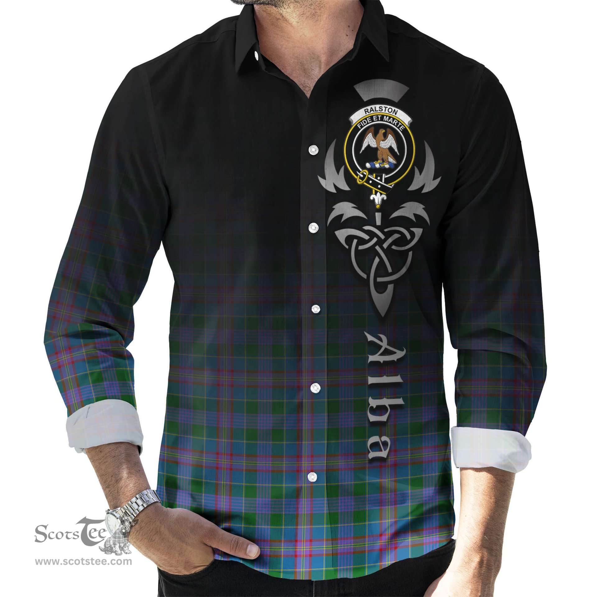 ScotsTee Shop Scottish Ralston Clan Crest Tartan Alba Gu Brath Celtic Inspired Tartan Long Sleeve Shirt