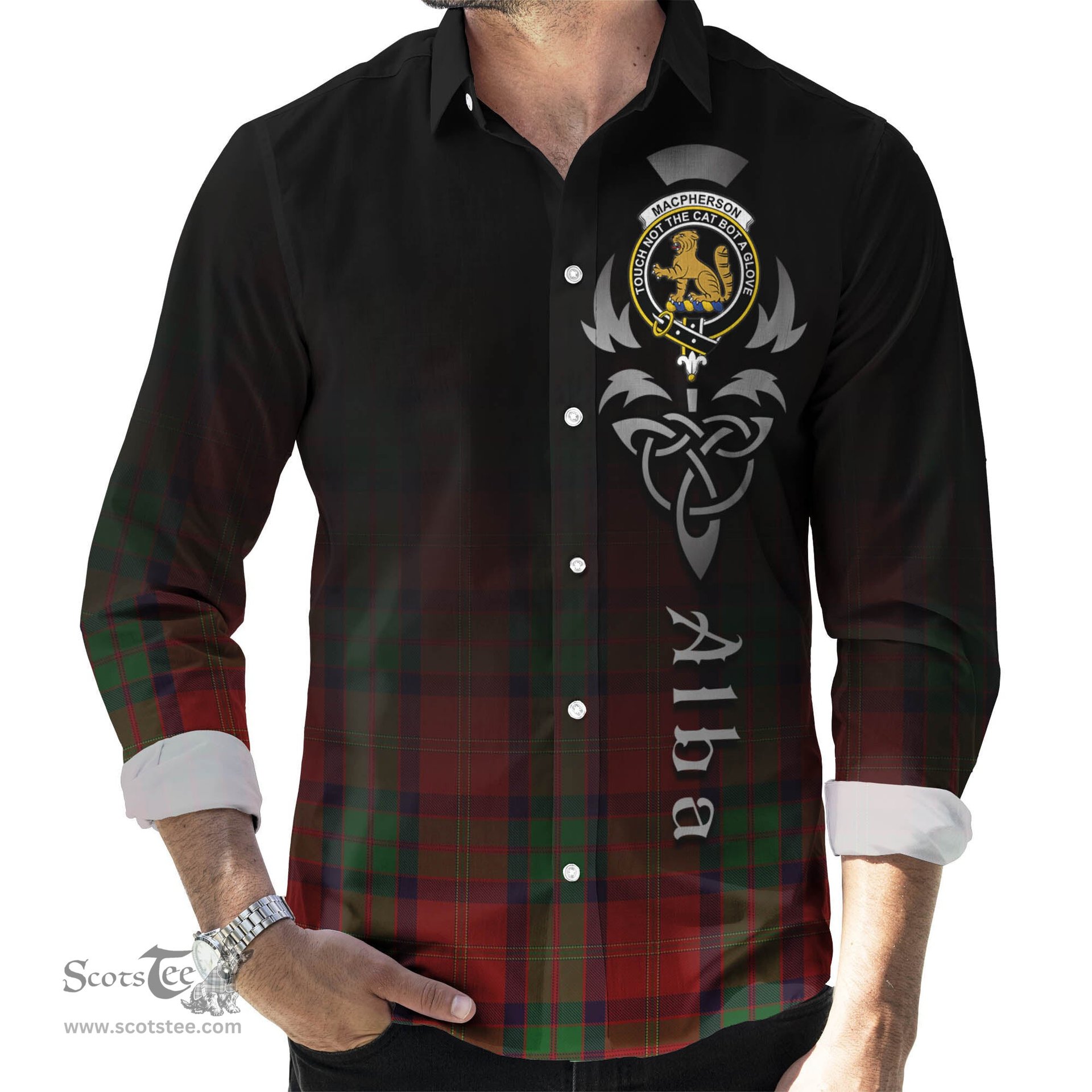 ScotsTee Shop Scottish MacPherson of Cluny Clan Crest Tartan Alba Gu Brath Celtic Inspired Tartan Long Sleeve Shirt