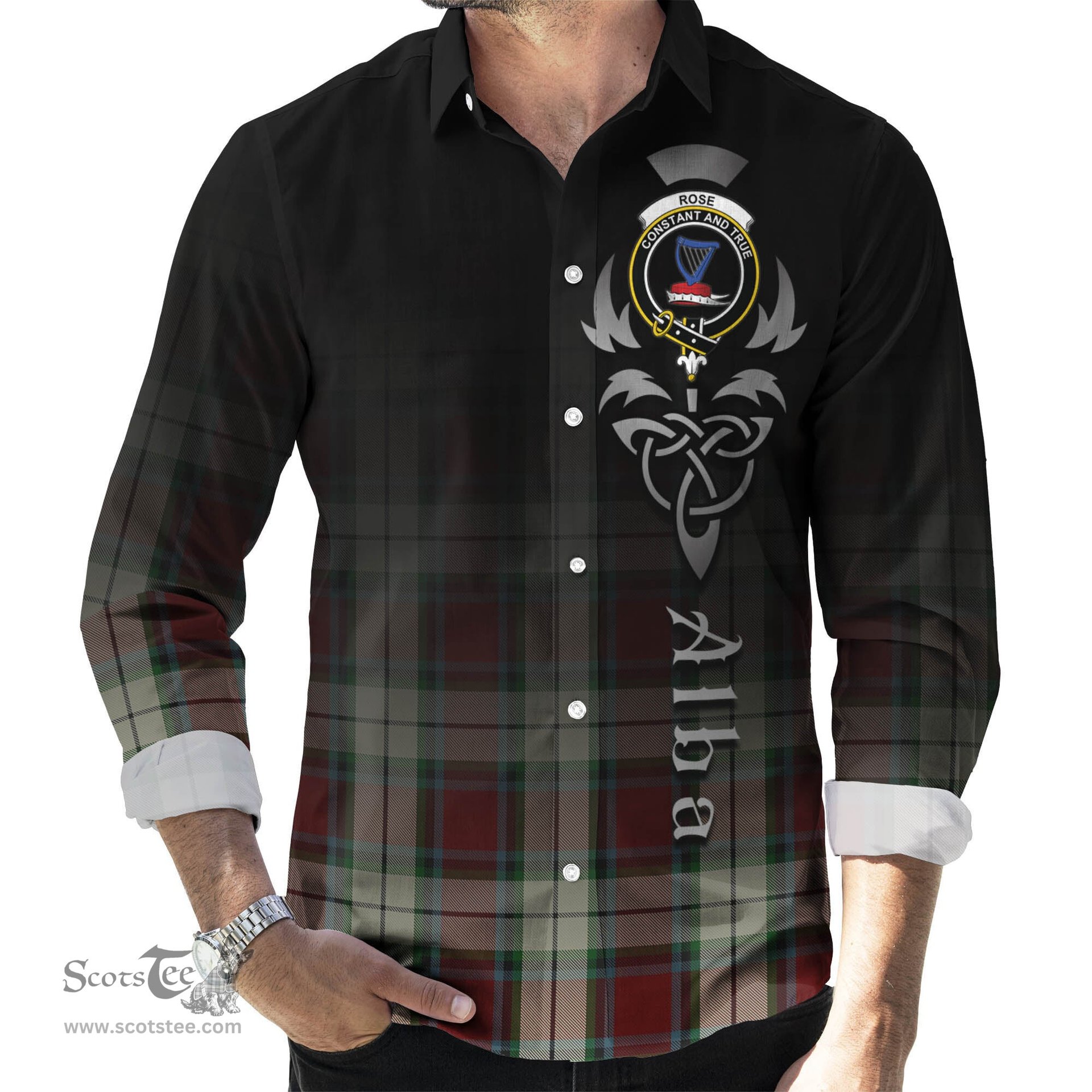 ScotsTee Shop Scottish Rose White Dress Clan Crest Tartan Alba Gu Brath Celtic Inspired Tartan Long Sleeve Shirt