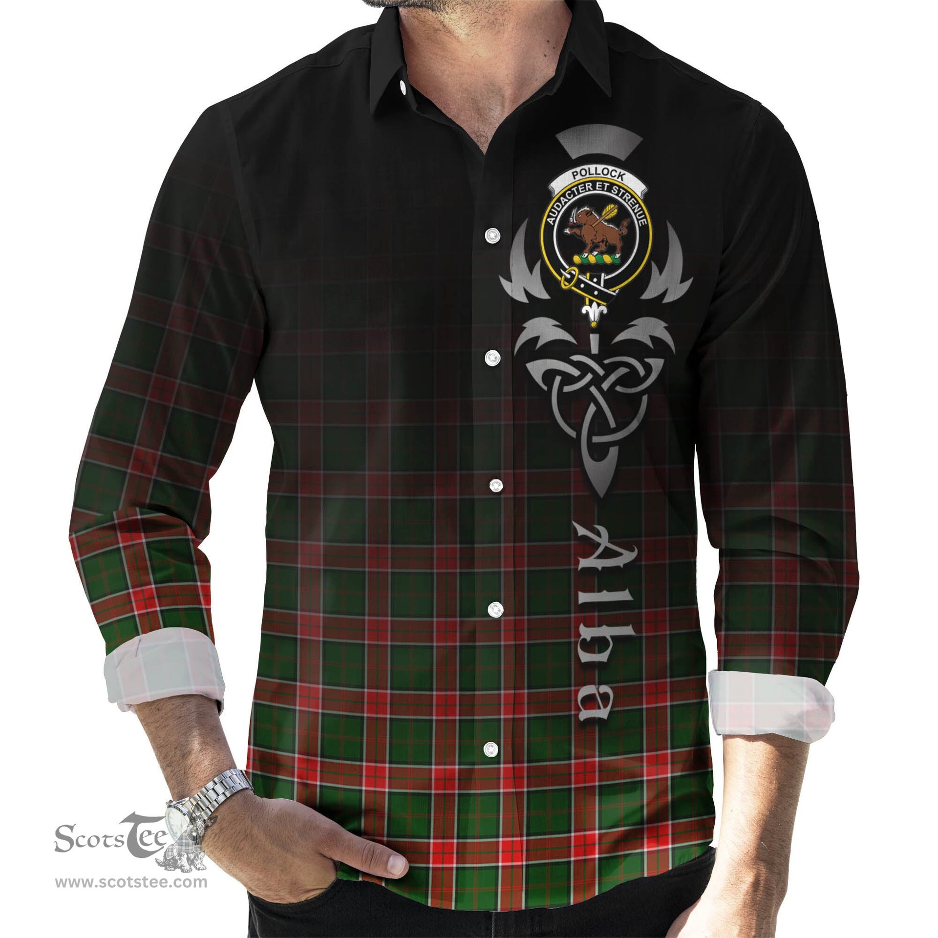 ScotsTee Shop Scottish Pollock Modern Clan Crest Tartan Alba Gu Brath Celtic Inspired Tartan Long Sleeve Shirt