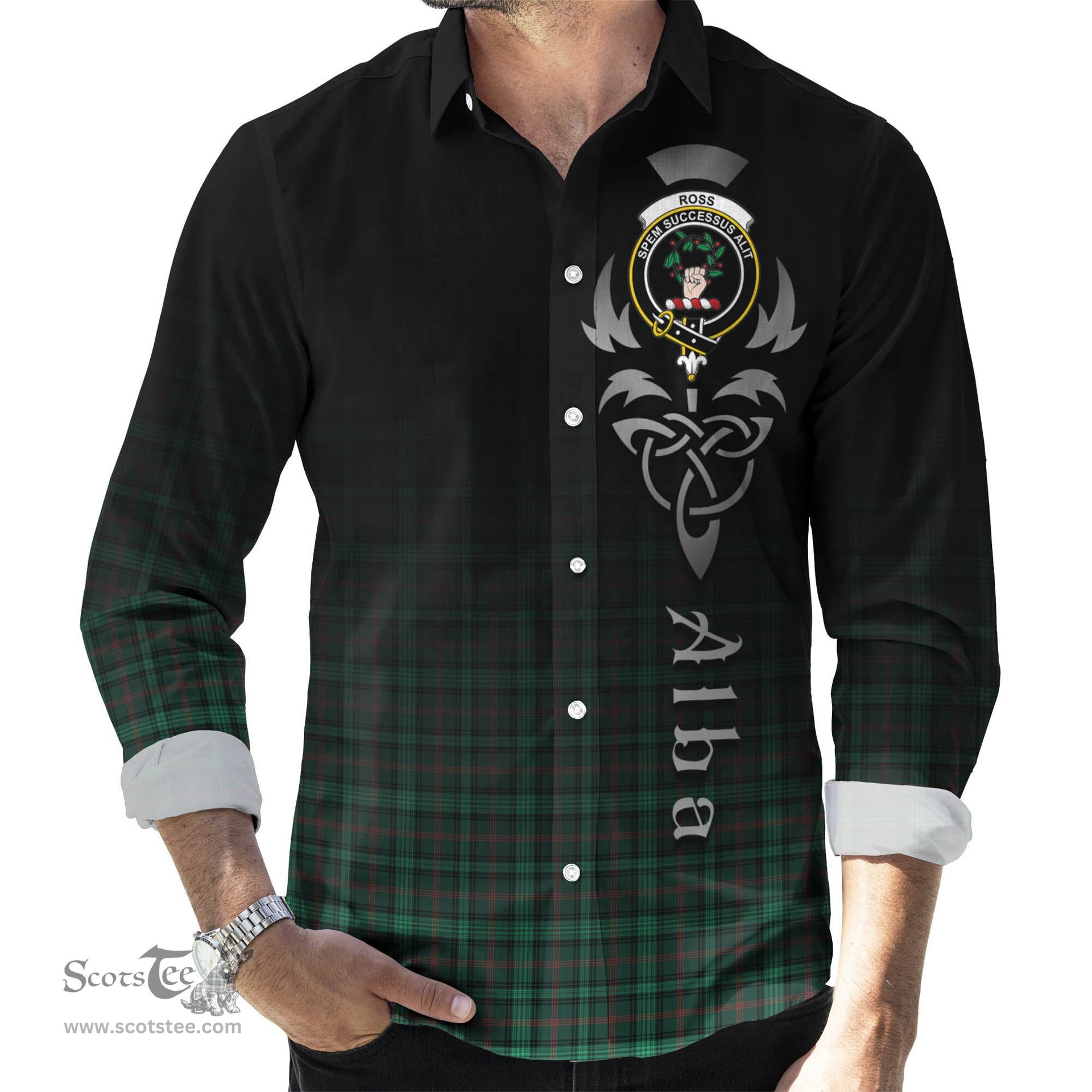 ScotsTee Shop Scottish Ross Hunting Modern Clan Crest Tartan Alba Gu Brath Celtic Inspired Tartan Long Sleeve Shirt