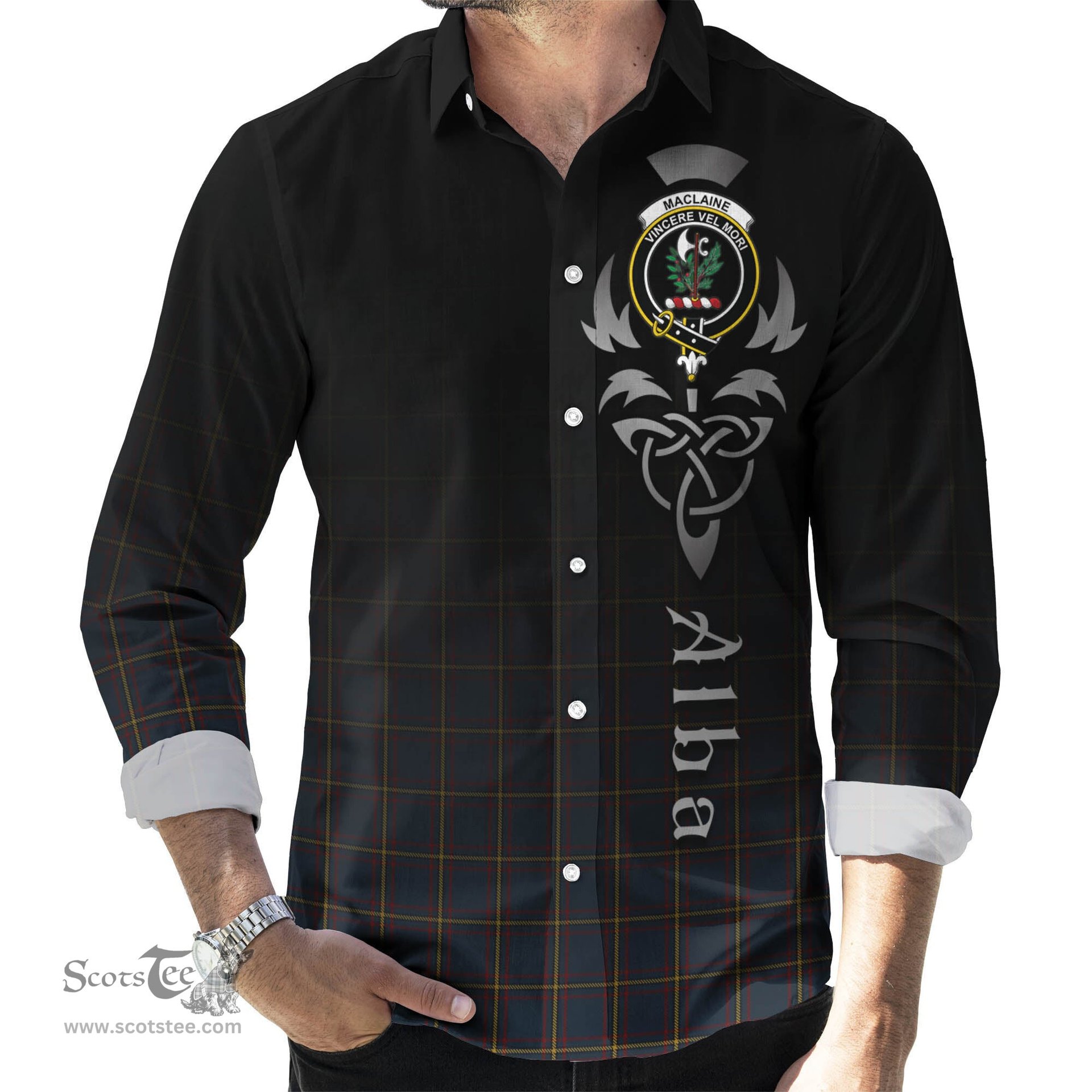ScotsTee Shop Scottish MacLaine of Lochbuie Hunting Clan Crest Tartan Alba Gu Brath Celtic Inspired Tartan Long Sleeve Shirt