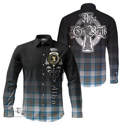 ScotsTee Shop Scottish Stewart Muted Blue Clan Crest Tartan Alba Gu Brath Celtic Inspired Tartan Long Sleeve Shirt