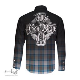 ScotsTee Shop Scottish Stewart Muted Blue Clan Crest Tartan Alba Gu Brath Celtic Inspired Tartan Long Sleeve Shirt