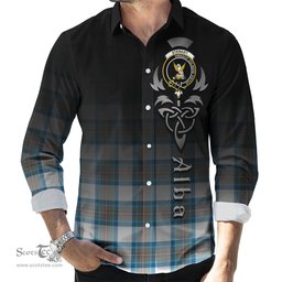 ScotsTee Shop Scottish Stewart Muted Blue Clan Crest Tartan Alba Gu Brath Celtic Inspired Tartan Long Sleeve Shirt