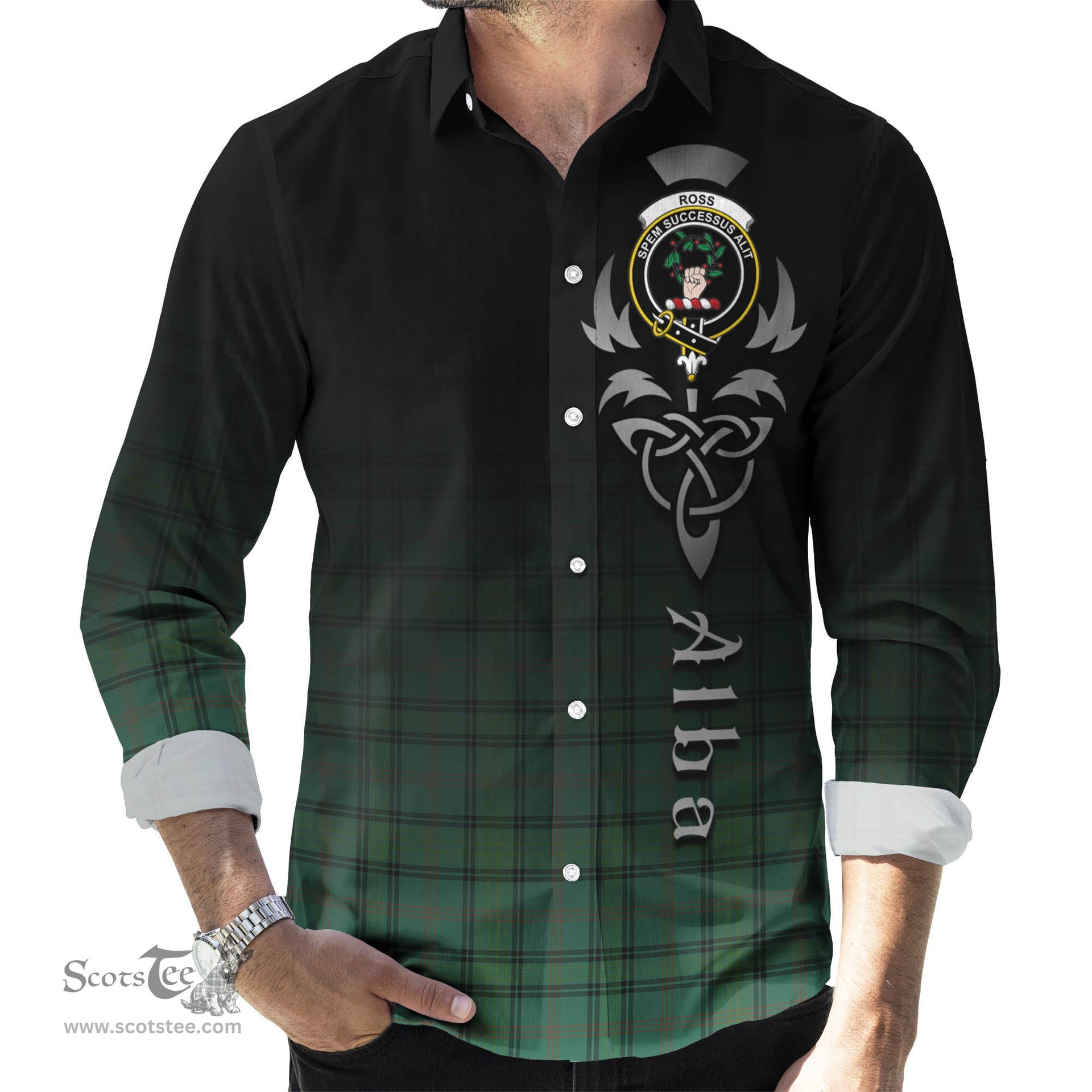 ScotsTee Shop Scottish Ross Hunting Ancient Clan Crest Tartan Alba Gu Brath Celtic Inspired Tartan Long Sleeve Shirt