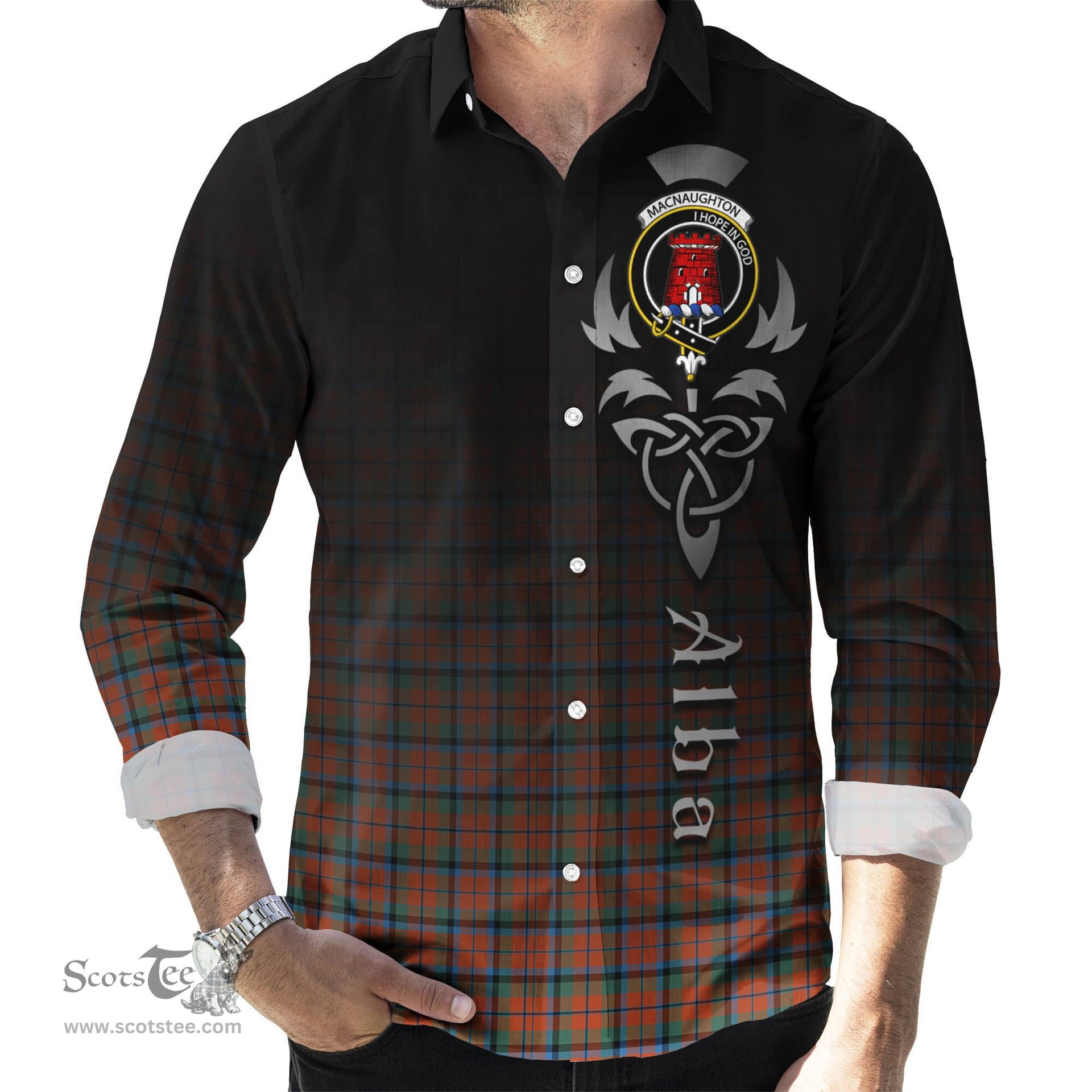 ScotsTee Shop Scottish MacNaughton Ancient Clan Crest Tartan Alba Gu Brath Celtic Inspired Tartan Long Sleeve Shirt