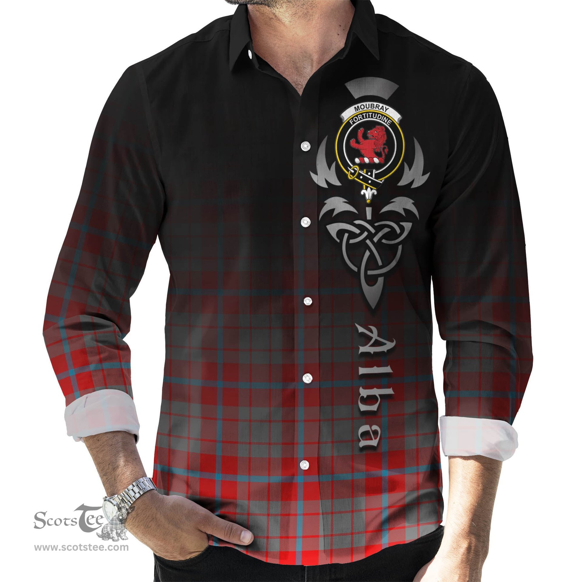 ScotsTee Shop Scottish Moubray Clan Crest Tartan Alba Gu Brath Celtic Inspired Tartan Long Sleeve Shirt