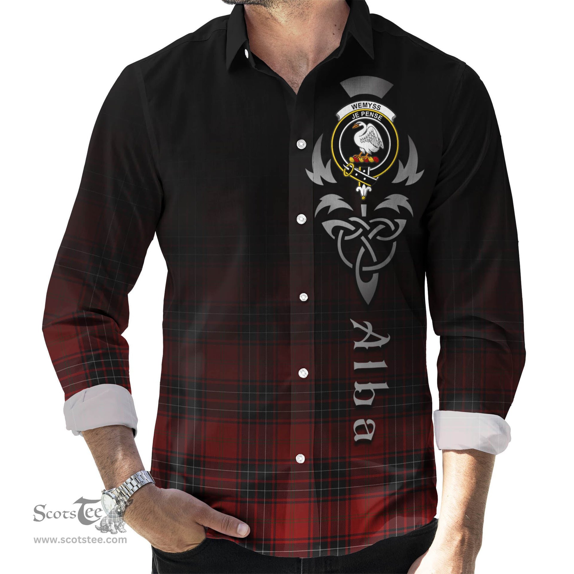 ScotsTee Shop Scottish Wemyss Clan Crest Tartan Alba Gu Brath Celtic Inspired Tartan Long Sleeve Shirt