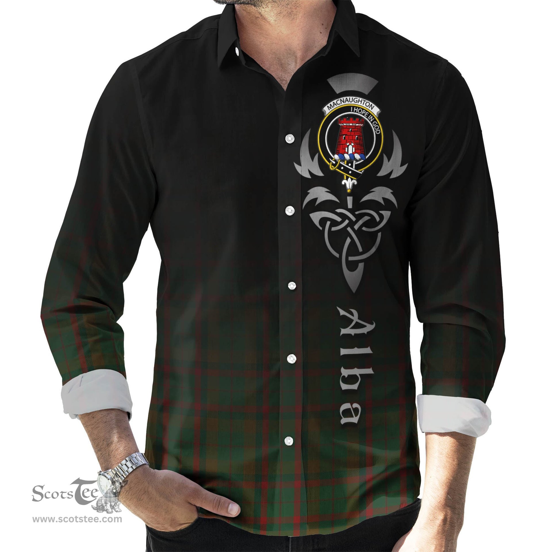 ScotsTee Shop Scottish Macnaughton Hunting Clan Crest Tartan Alba Gu Brath Celtic Inspired Tartan Long Sleeve Shirt